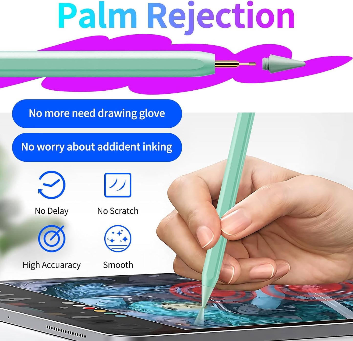 Stylus Pen for iPad, Fast Charging Pencil for Pad with Palm Rejection, Tilt Sensitivity for iPad 6-10, Pro 11"/12.9"/M4, Air 3/4/5/M2, Mini 5/6, Green