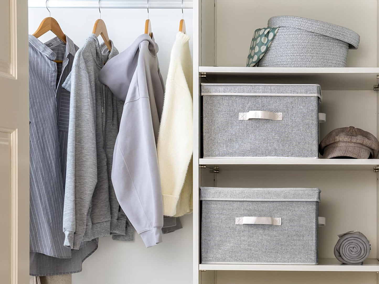 StorageWorks Fabric Storage Bins with Lid, Decorative Storage Boxes for Shelves, Stackable Closet Organizer Basket with Handles, Large, Gray, 2-Pack