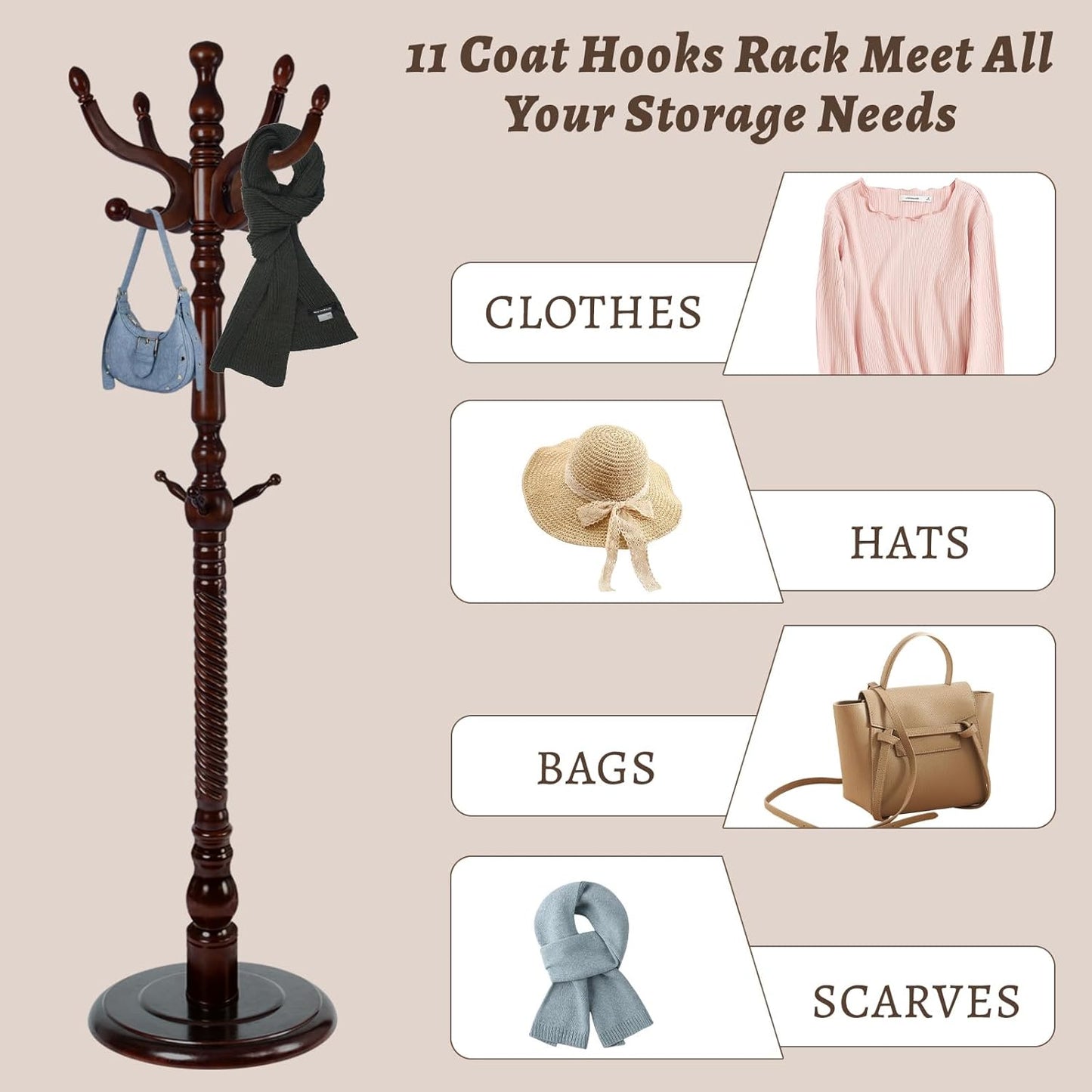 Wooden Coat Rack Freestanding with Resin Hooks, Adjustable Heavy Duty Stand for Hanging Coats, Bags, Hats, and Umbrellas in Living Room, Bedroom, Entryway (Antique color)