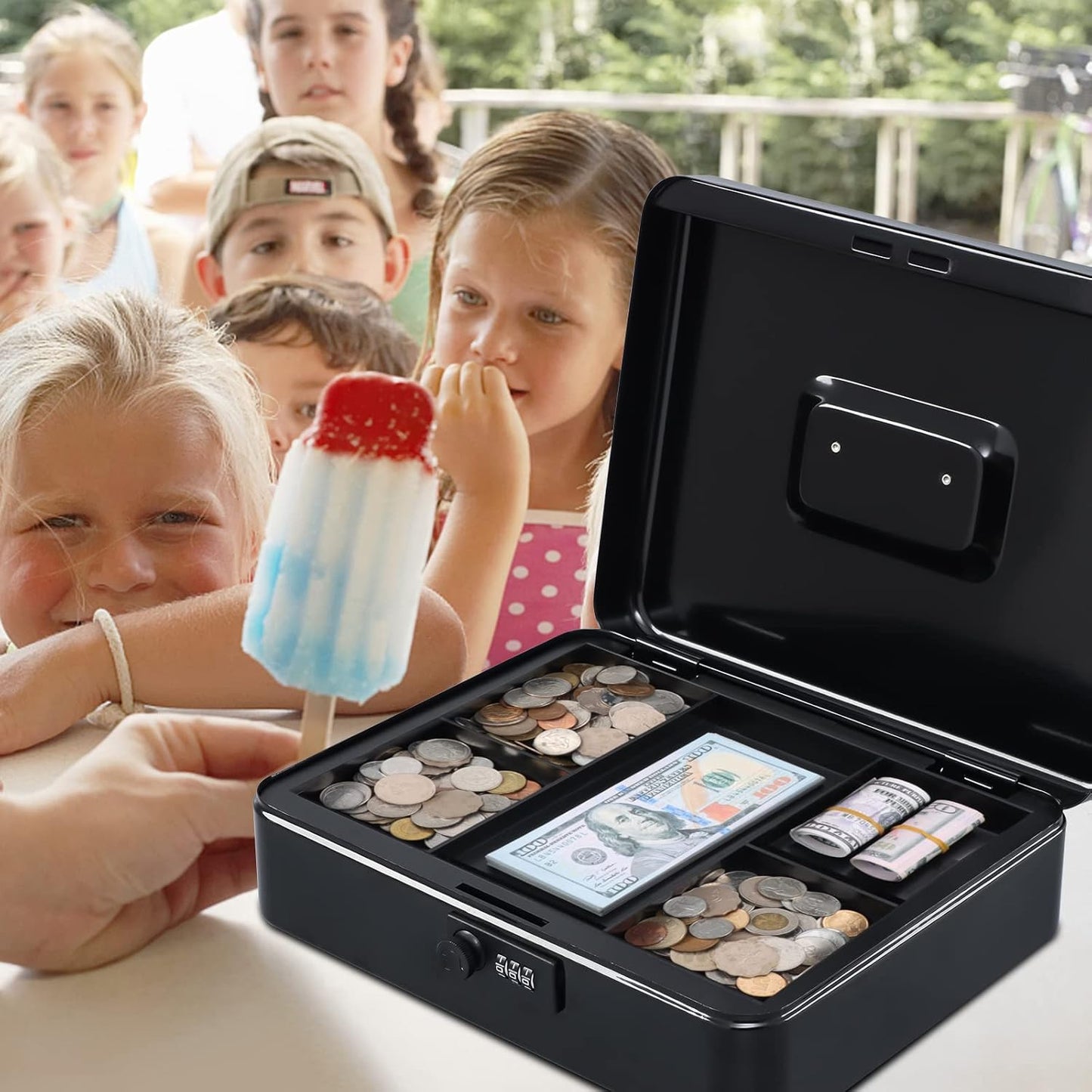 KYODOLED Metal Cash Box with Combination Lock Money Box for Cash Safe Metal Box with Money Tray for Security Lock Box 11.81"x 9.45"x 3.54" Black X Large