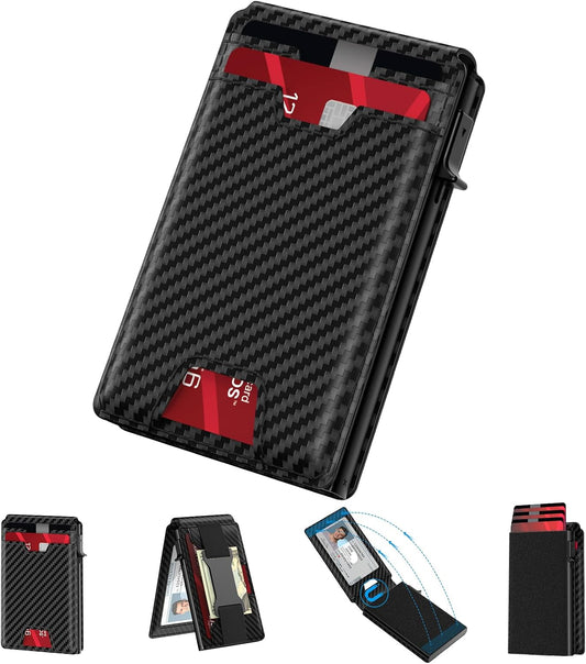 typecase Mens Wallet Card Holder: Pop Up Card Case, Genuine Leather, RFID Blocking, Smart, Slim, Minimalist, Thin - 13 Card Capacitiy, ID Window, Cash Strap (Carbon Fiber)