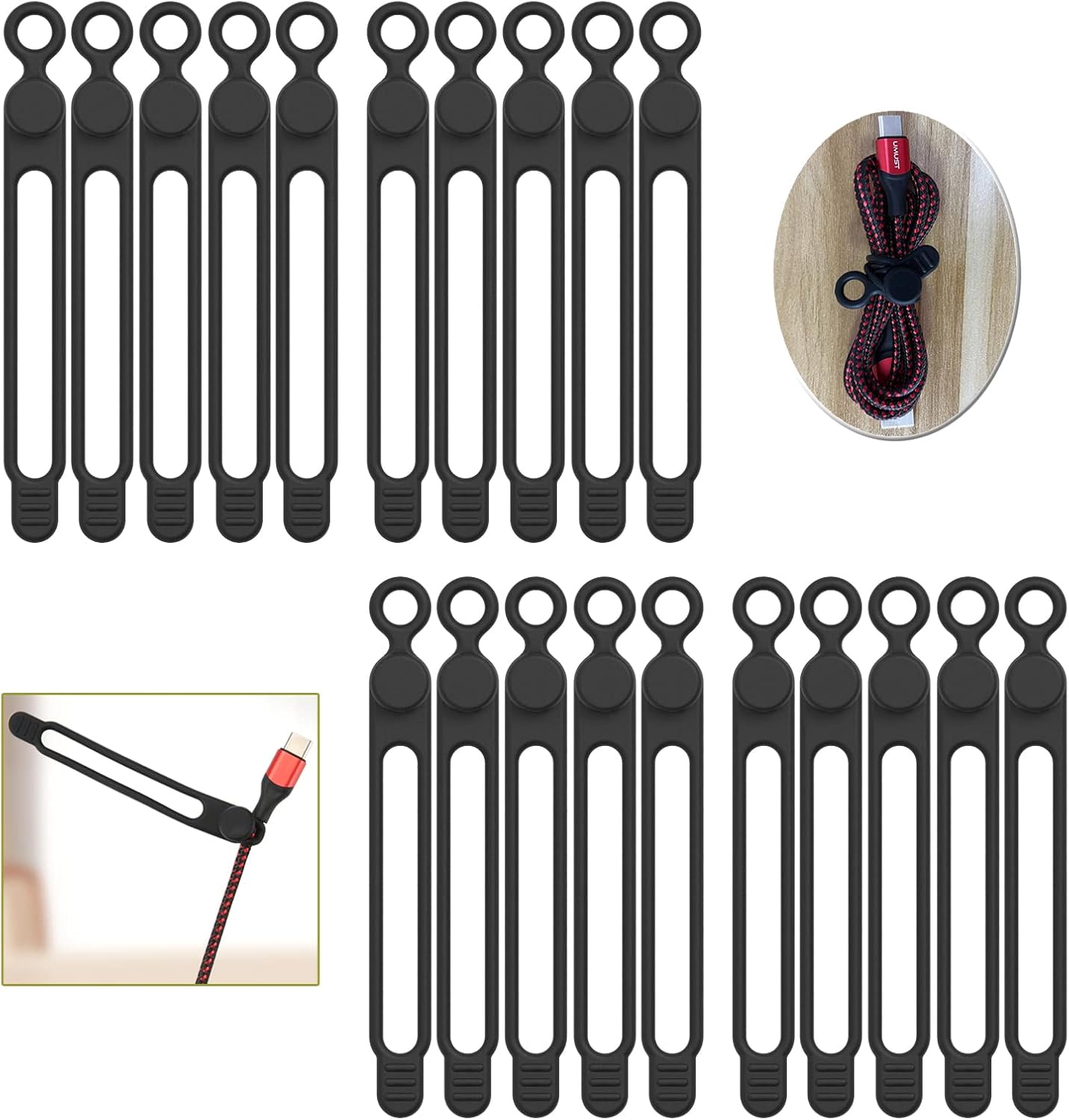 [20Park]UMUST Silicone Cable Ties, Reusable Cable Management Organizer, Cord Tie,Multipurpose Elastic Cord Organizer for Bundling and Fastening Cable Cords Wires(black)