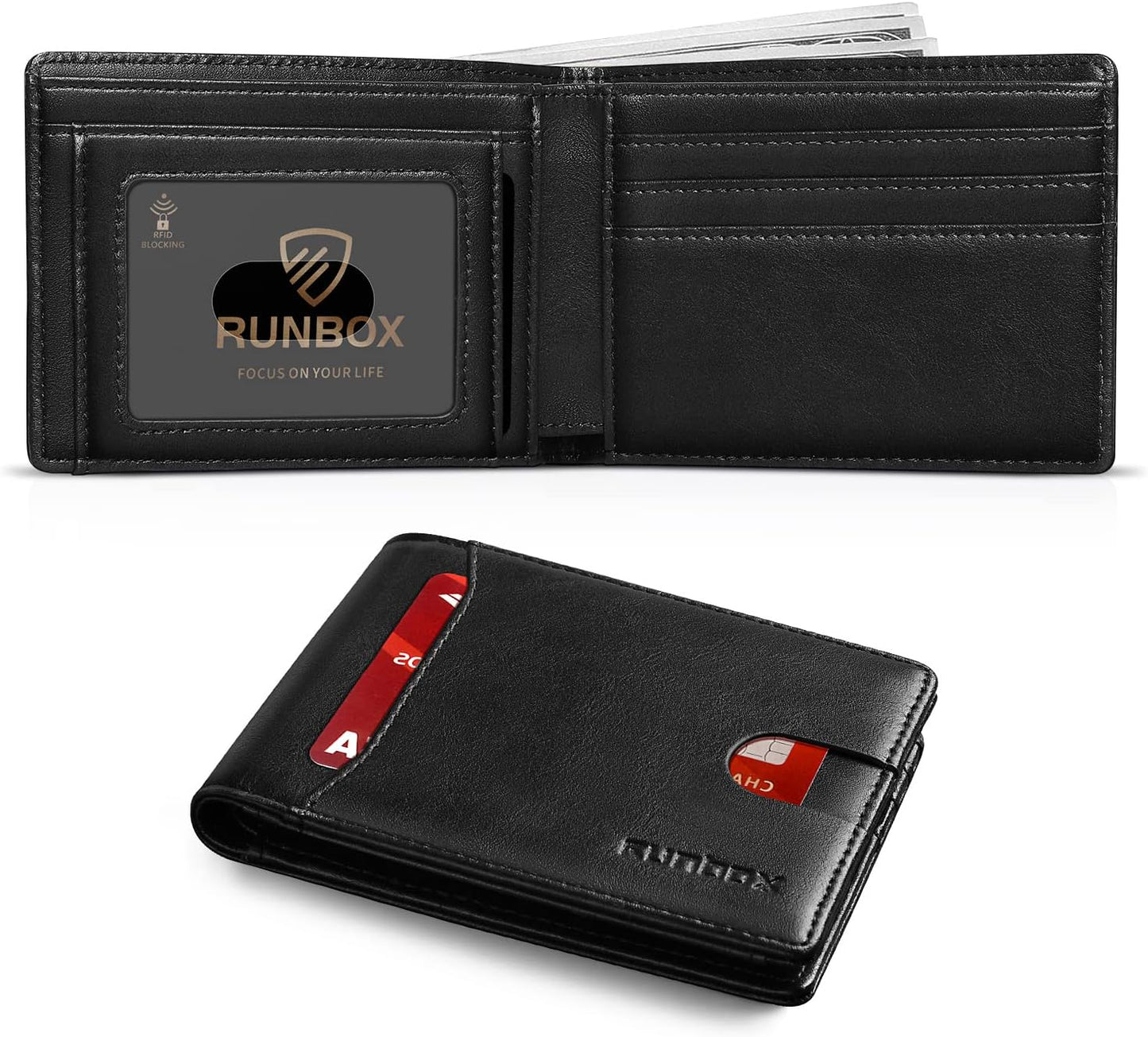 RUNBOX Novelty Wallet for Men Slim 11 Credit Card Holder Slots Leather RFID Blocking Small Thin Men's Wallet Bifold Minimalist Front Pocket Large Capacity Gift Box