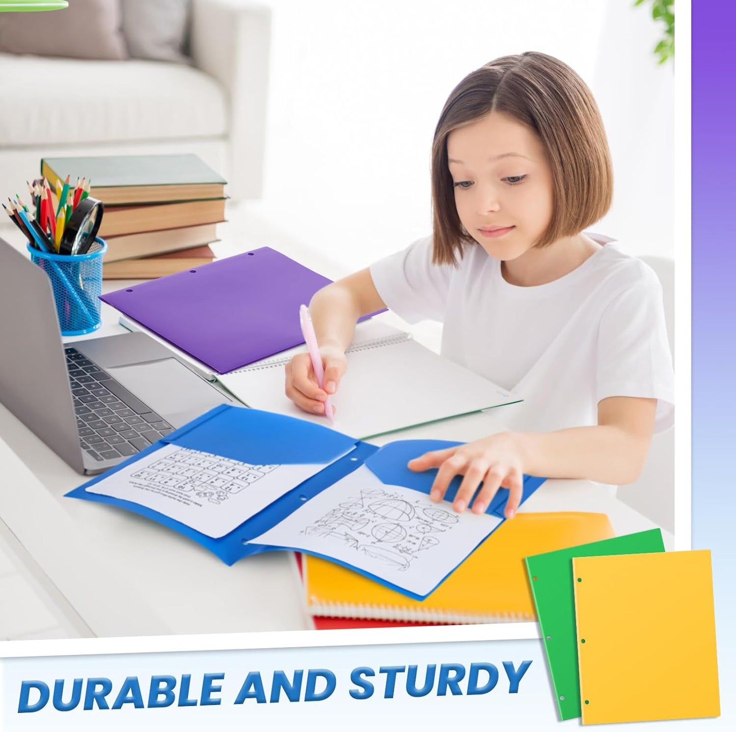 Yeaqee 50 Pcs Plastic Folders with Pockets Bulk 3 Hole Punched 2 Pocket File Folders for 3 Ring Binder Divider Folder for Notebooks, Durable Poly for Office Home (Multicolor)