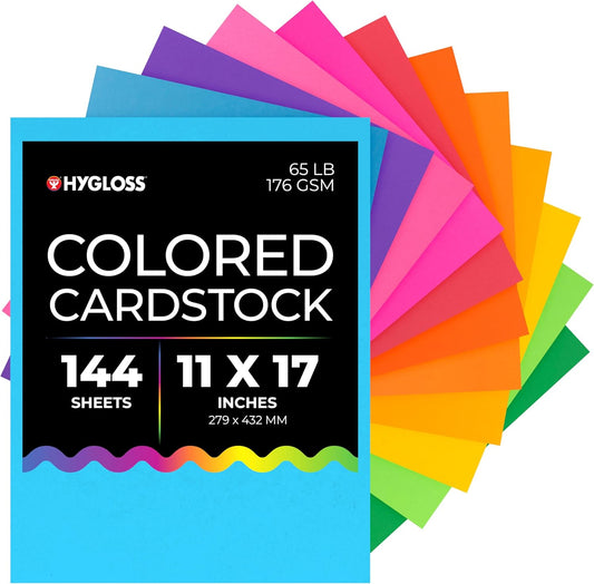 Hygloss Bright Colored Cardstock - 11x17-Inch, 12 Assorted Colors, 144 Sheets, 65 lb/ 176 gsm, Fade-Resistant, Acid-Free Color Card Stock Paper