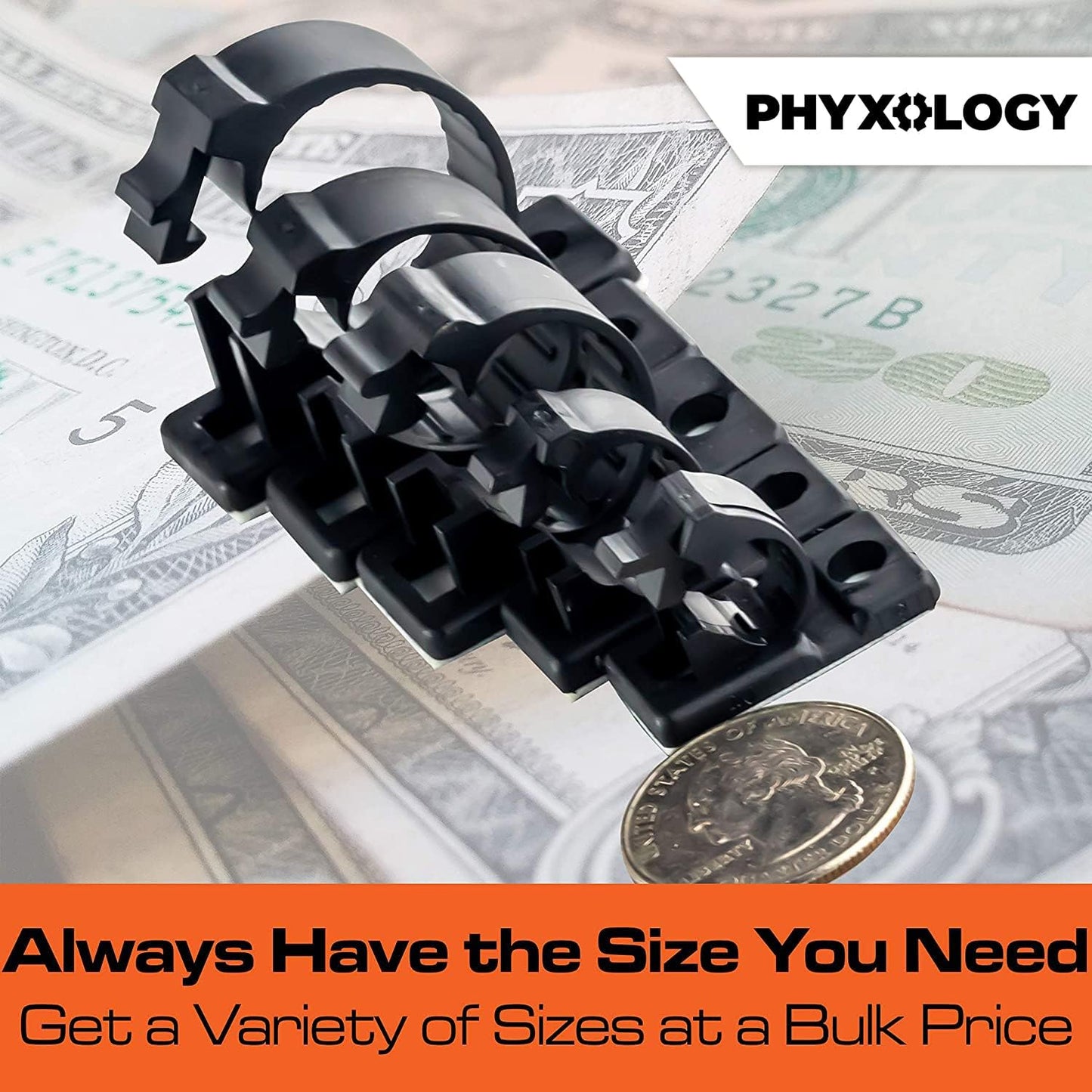 Pro-Grade, Adhesive-Backed Cable Clamps. Multi-Size Set of 20x 4, 6, 8, 10 and 12 mm Black Clips - Wire Management, Cord Organization - Home and Office Tools-Free Install (100 Pk)