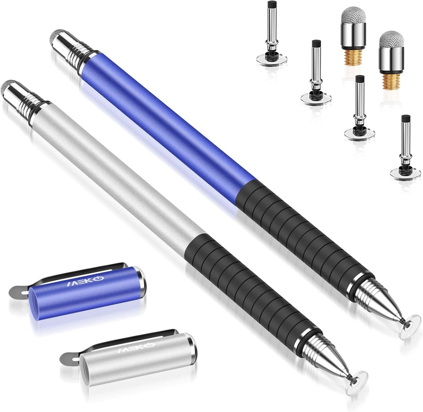 MEKO Stylus Pens for Touch Screens, 2 in 1 Universal Disc Stylus Pens for iPhone, iPad and All Capacitive Cell Phones, Tablets, Laptops Bundle with 6 Replacement Tips - (2 Pcs, Blue/Silver)