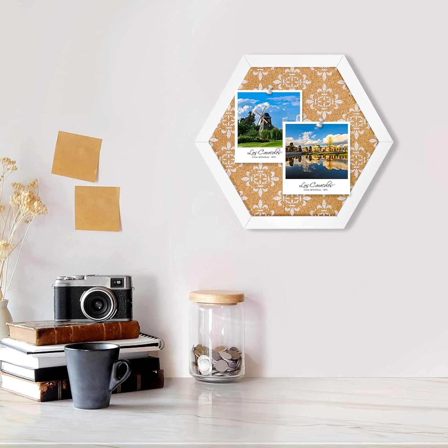 Decorative Cork Board for Walls, Hexagon Bulletin Board with Floral Print, White Framed Pin Board Vision Board for Office School Bedroom and Dorm Room with Pins, Screws(L2529,1pc)