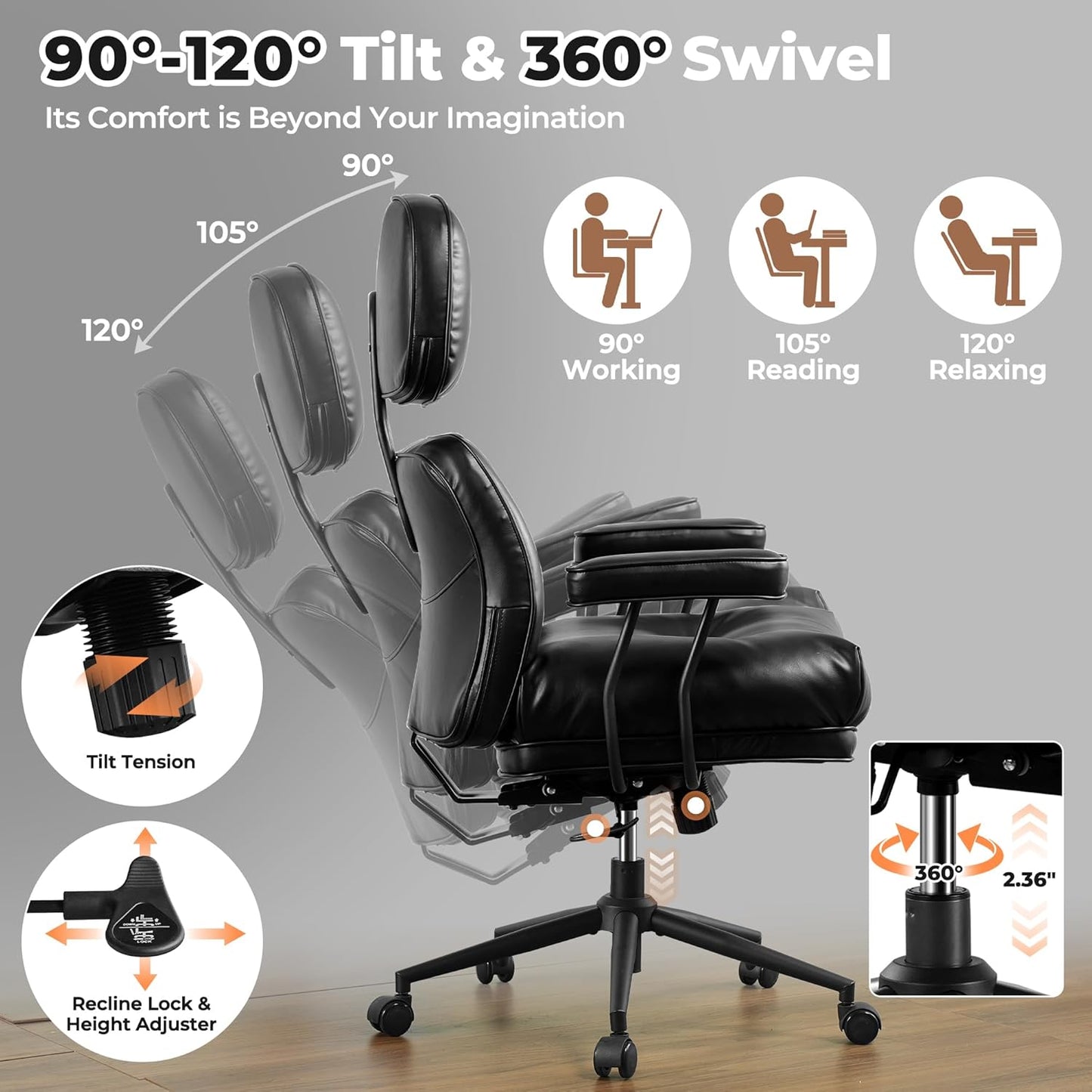 ovios Ergonomic Home Office Chair, Mid-Century Modern Faux Leather Chairs with Thickened Cushions, Comfy High Back Swivel Rolling Executive Computer Armchair (Black, PU Leather)