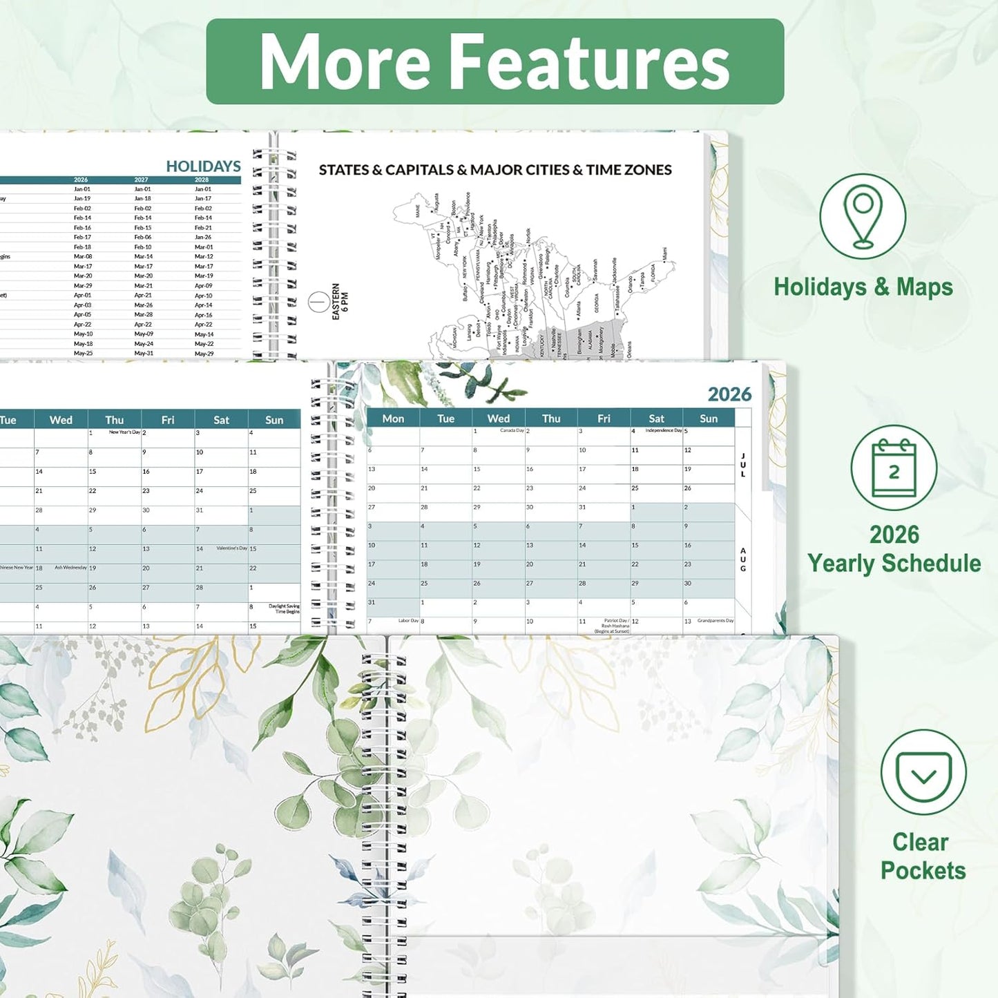 SUNEE 2026 Appointment Book, Quarter-Hourly, Weekly & Monthly - from January 2026 - December 2026, 8.5"x11" Weekly Planner, Flexible Cover, Note Pages, Pockets, Bookmark, Spiral Binding, Greenery