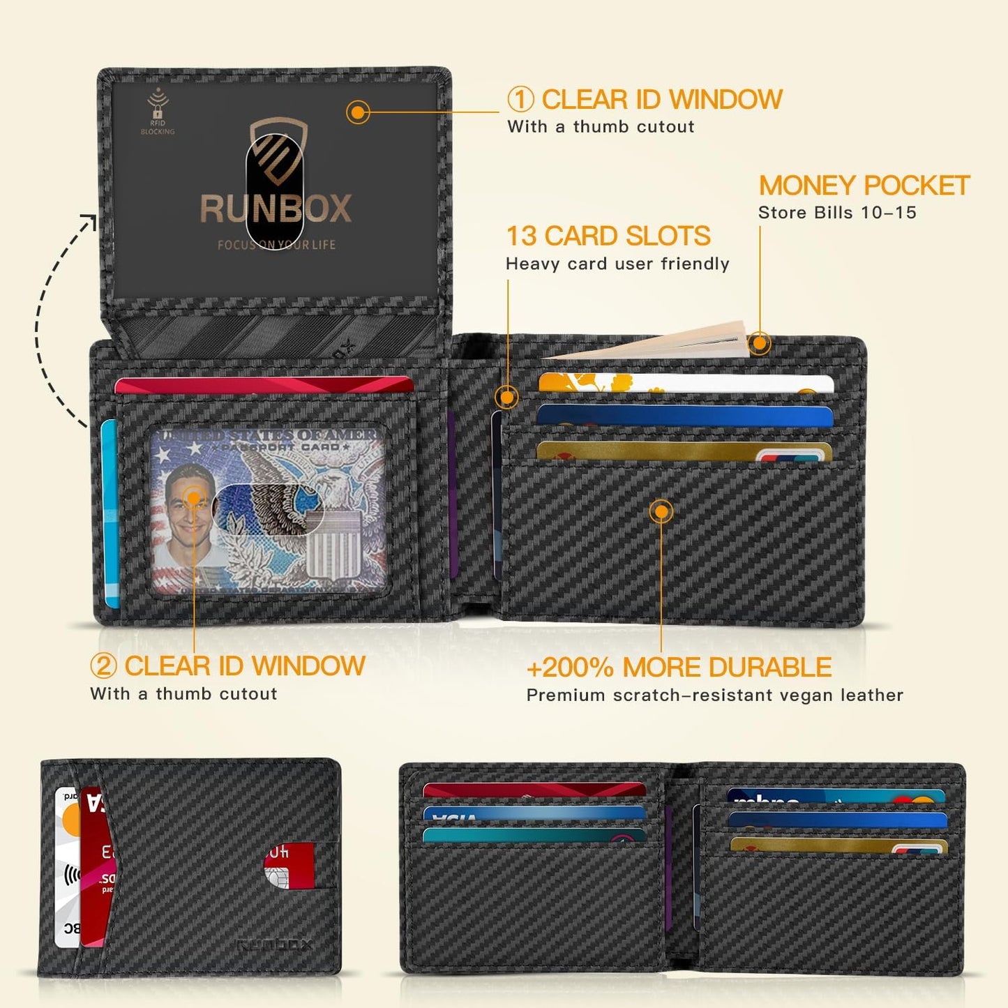 RUNBOX Wallet for Men Slim Rfid Leather 2 ID Window With Gift Box