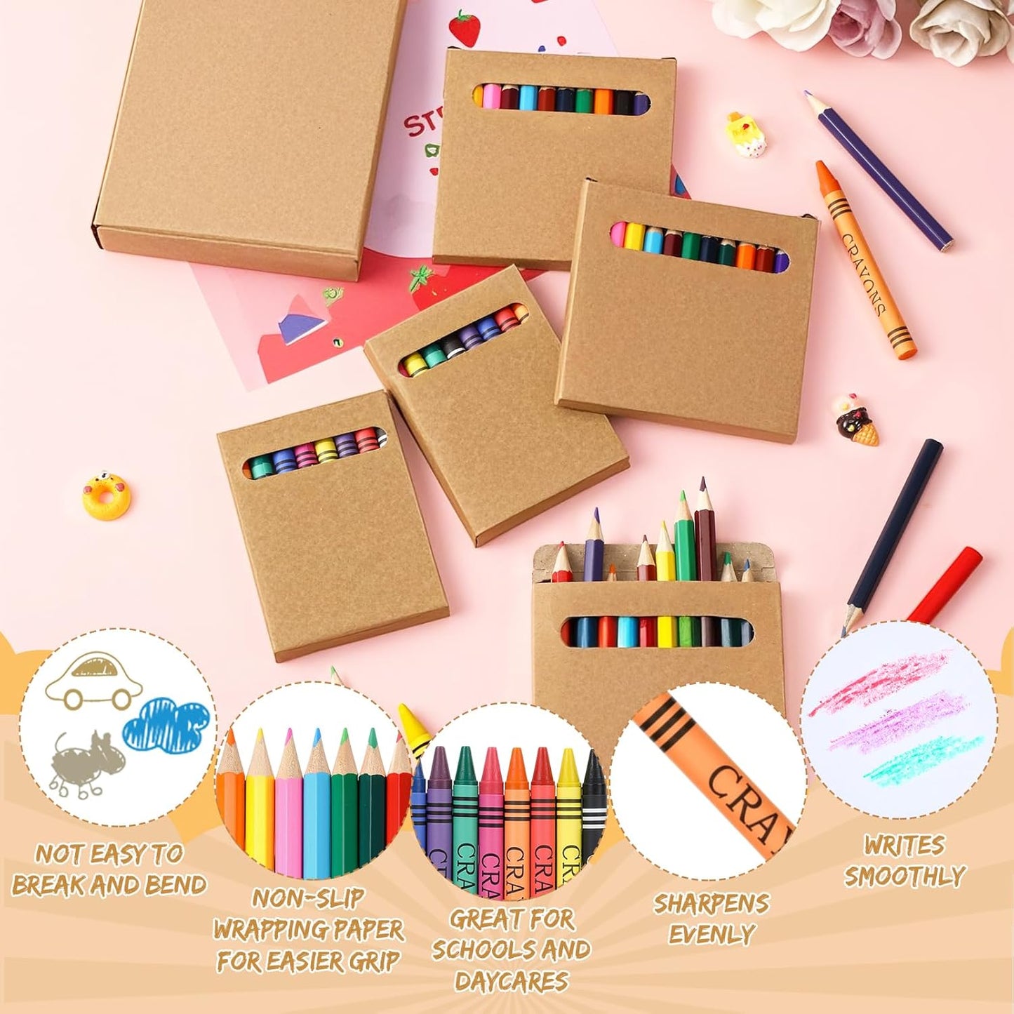 10 Sets Bulk Back to School Supplies, Colored Pencils Pre-Sharpened and Crayons Holiday Bundle in Box Mini Pencils Crayons Bulk Classroom Teacher Supplies, Cute Back to School Gifts