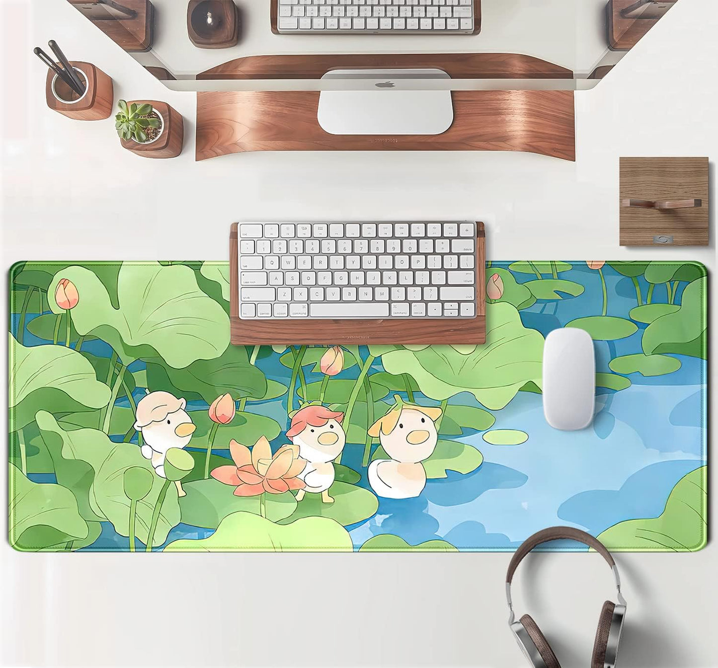Kawaii Desk Mat Cute Mouse Pad Green Healing Design Cartoon Anime Duck Desk Pad Large Laptop Keyboard Mat Pad Computer Mouse Pads for Girl Desk Office Decor, 31.5x11.8 in Desktop Mousepad Deskmat