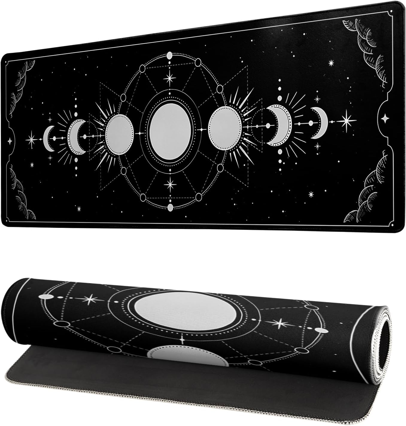 Sun Moon Gaming Mouse Pad Black Large Mouse Pad for Keyboard and Mousepad Desk Mat with 3mm Non-Slip Base and Stitched Edge for Gaming and Office Computer Mat Protector Mat 27.6x11.8 Inch