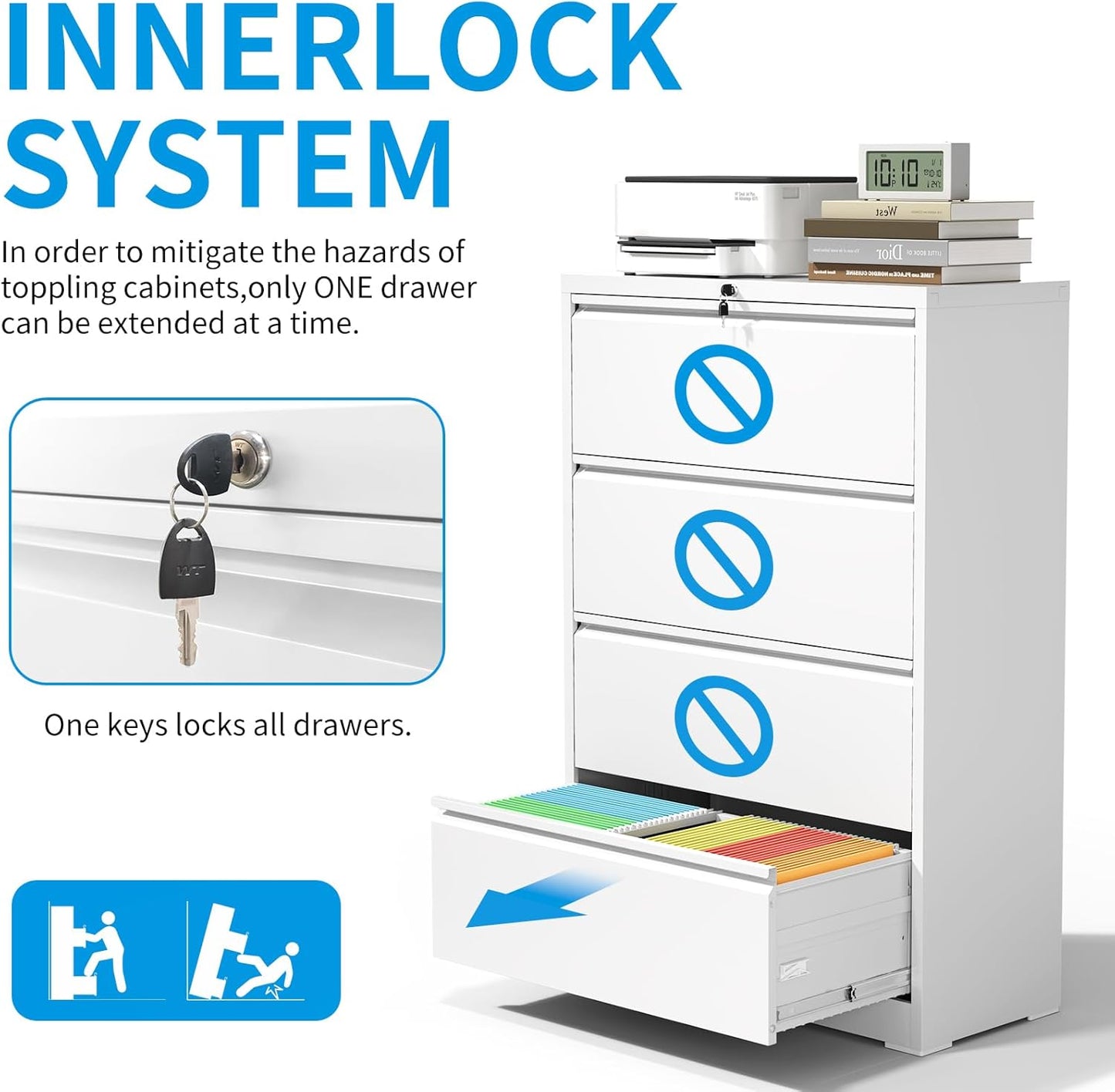 4 Drawer Lateral File Cabinet with Lock, Metal Lateral Filing Cabinet for Home Office, Steel Wide Horizontal Filing Cabinets for Letter/Legal/A4/F4 Hanging Files (White)