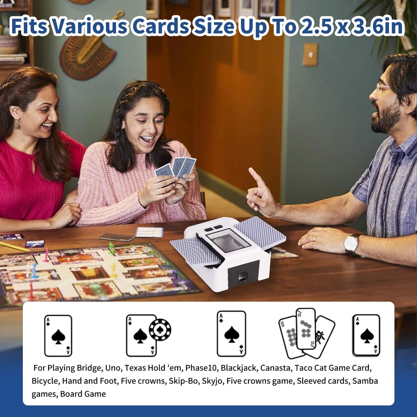 Rechargeable Automatic Card Shuffler for 2 Decks, 2000mAh Built in Battery USB-C Charge, Low Noise Fast Shuffle, Smart Auto Shuffler for UNO Poker Blackjack Skip-Bo Texas Hold'em Canasta Skyjo(White)