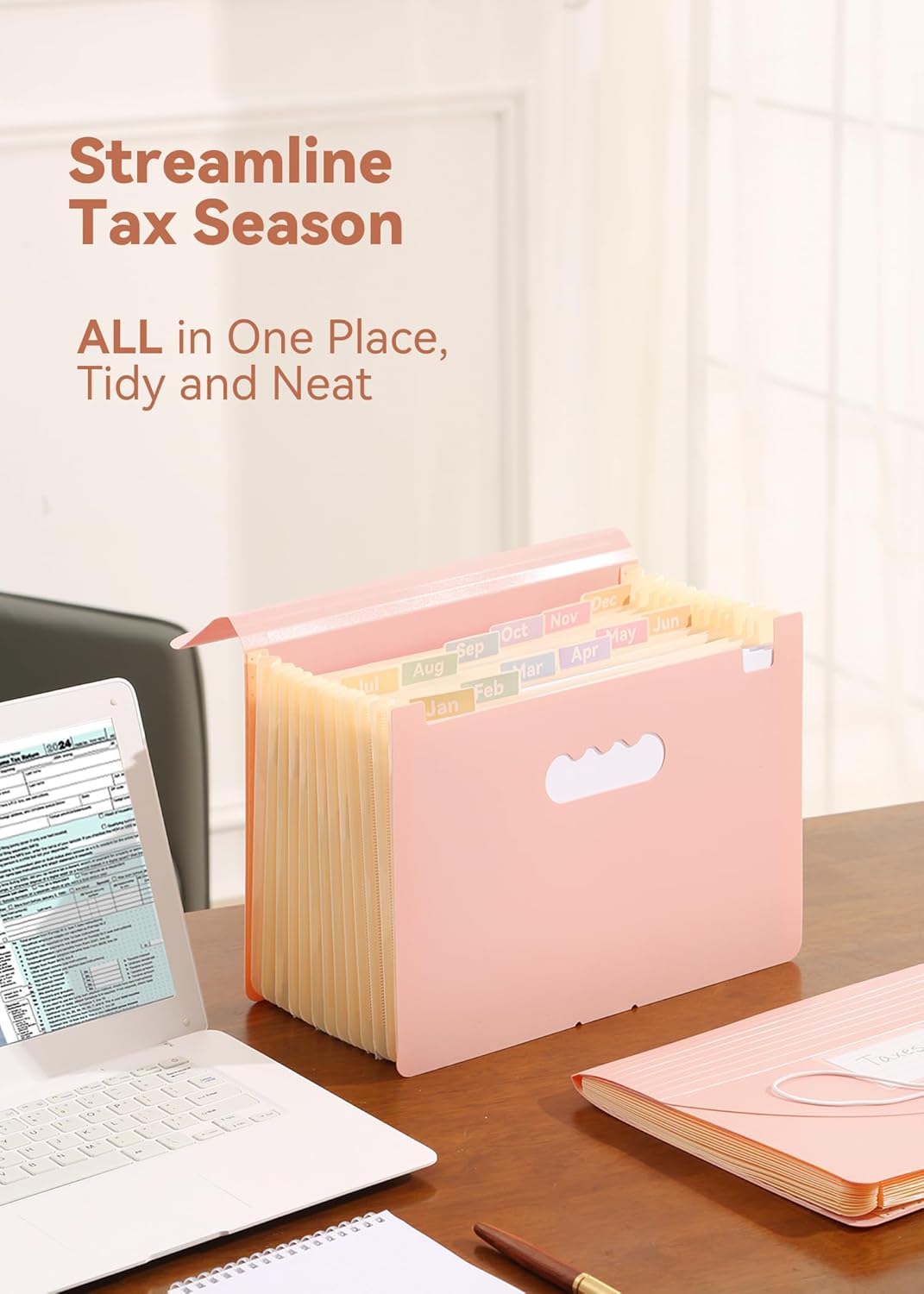 Accordion File Organizer 12 Pockets, Monthly Bill Receipt Tax Organizer, Expanding File Folders with Larger Bright Tabs, Fits Letter/A4 Size - Pink