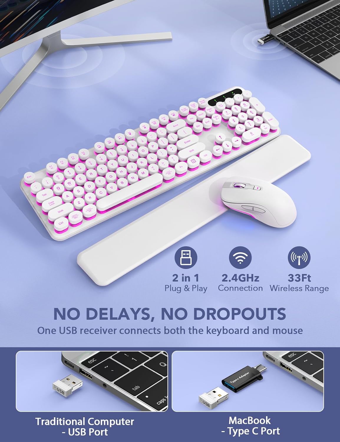 Wireless Keyboard and Mouse Backlit - Typewriter Keyboard with Retro Round Keycaps, Detachable Wrist Rest, Light Up Letters, 2.4G Rechargeable Combo for Mac, Windows, PC, Laptop, Trueque (White)