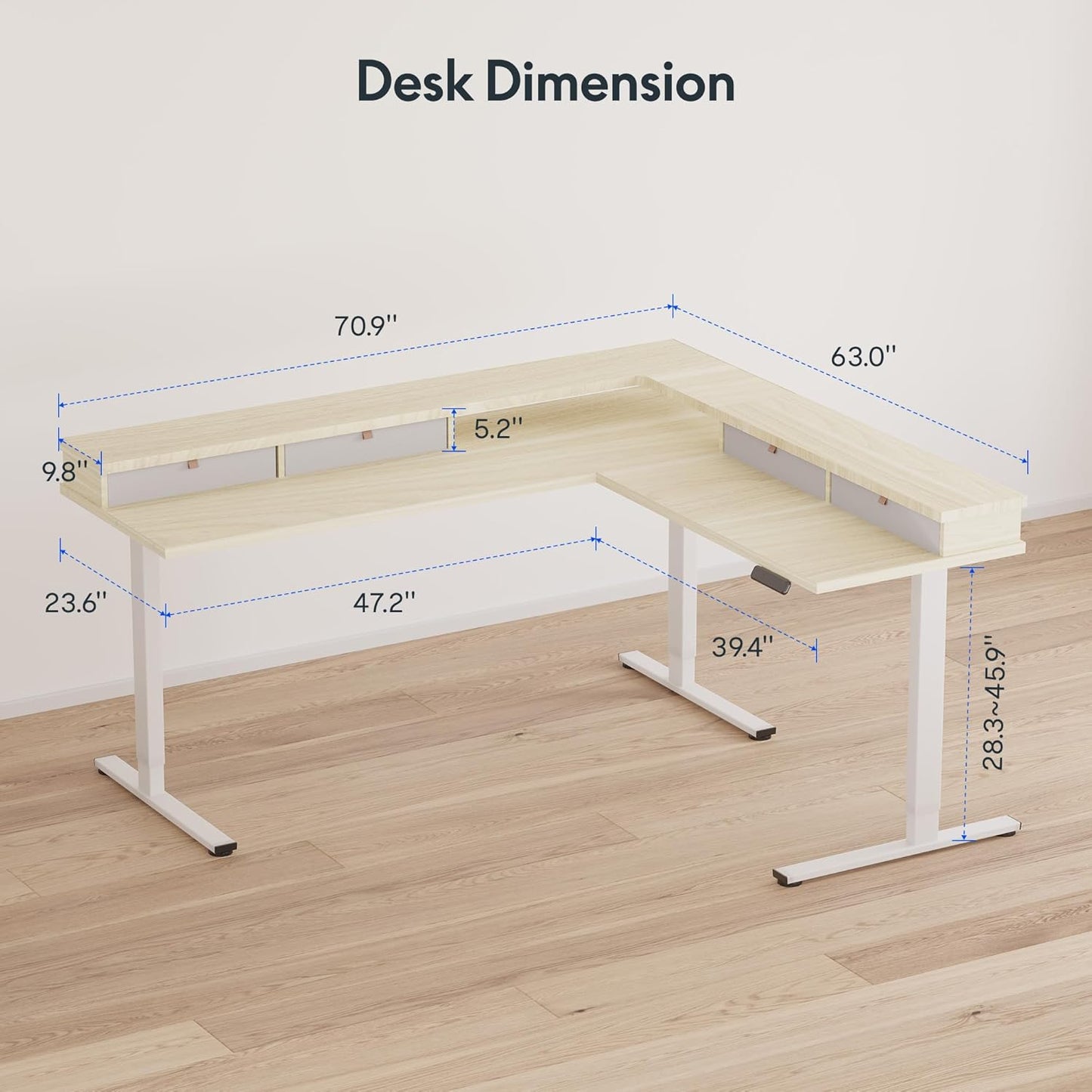 FLEXISPOT 71" L Shaped Standing Desk Electric Corner Table with Shelf, 4 Storage Drawers, Adjustable Computer Workstation for Home, Office, Game, Studio, USB Charger, Light Maple Top + White Frame