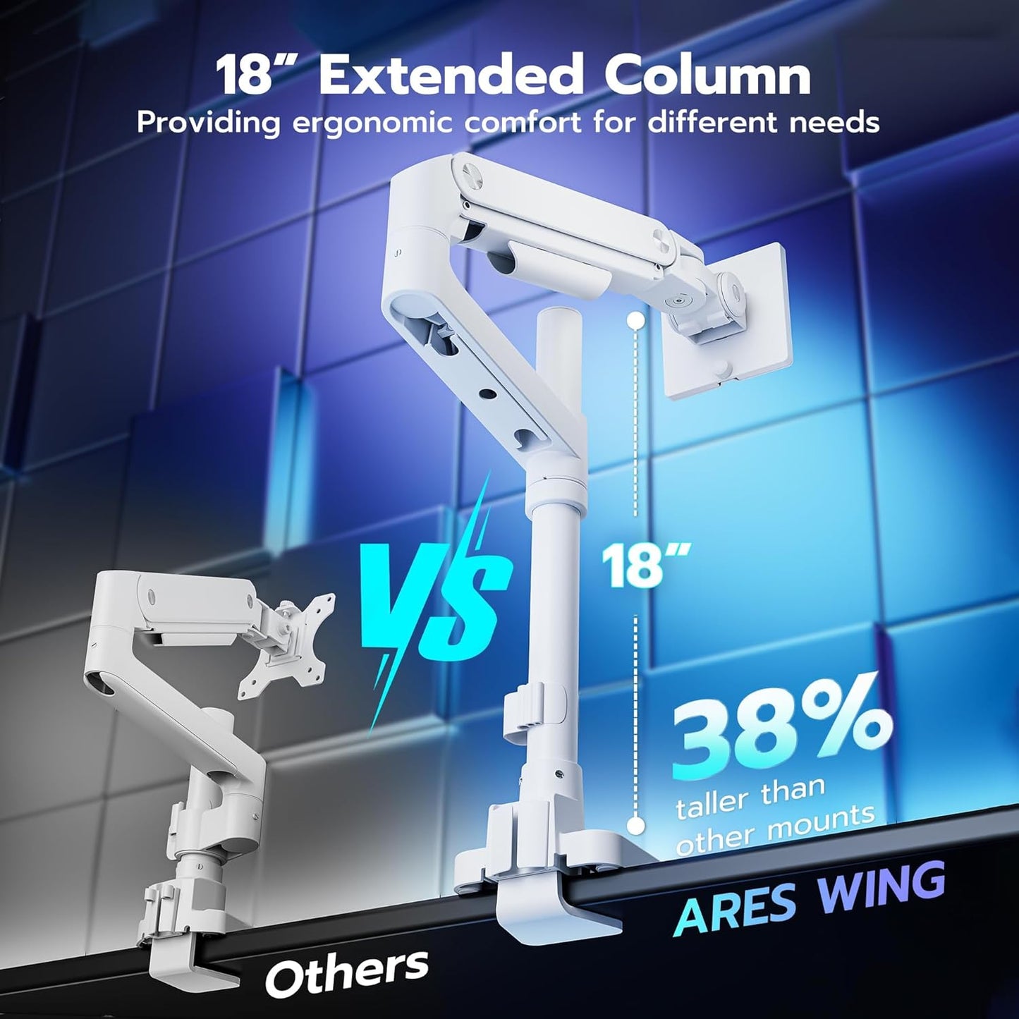 ARES WING Heavy-Duty Monitor Mount for 17-49 inches Ultrawide Curved Flat Monitors, Holds 44lbs, with Extended Column for Desk, Adjustable Gas Spring, White