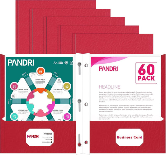 Two Pocket Folders, PANDRI 60 Pack Two Pocket Folders with Prongs, 3 Prong Folders Designed for Office and Classroom, Letter Size Red