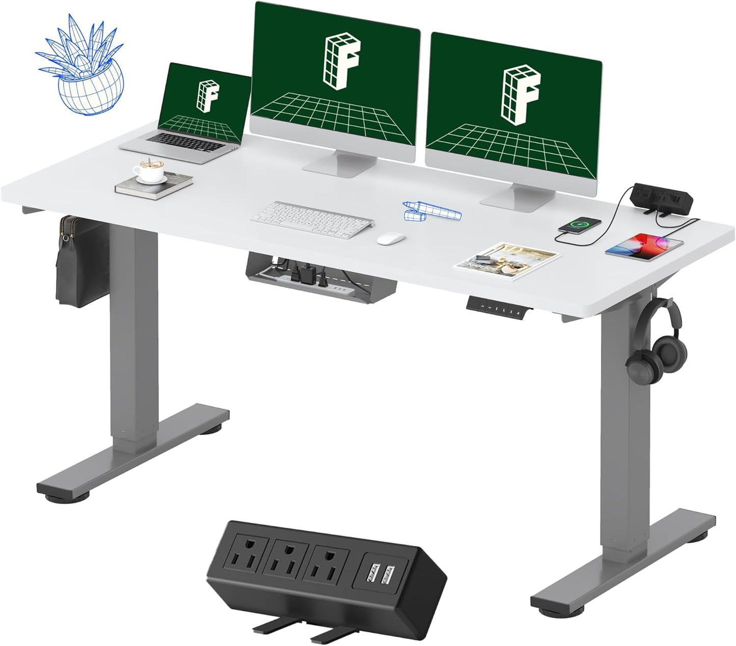FLEXISPOT EN2 Whole-Piece Standing Desk with Clamp Power Strip, 60 x 24 Electric Stand Up Height Adjustable Desk with Cable Management (Gray Frame + 60" White Top, 2 Packages)