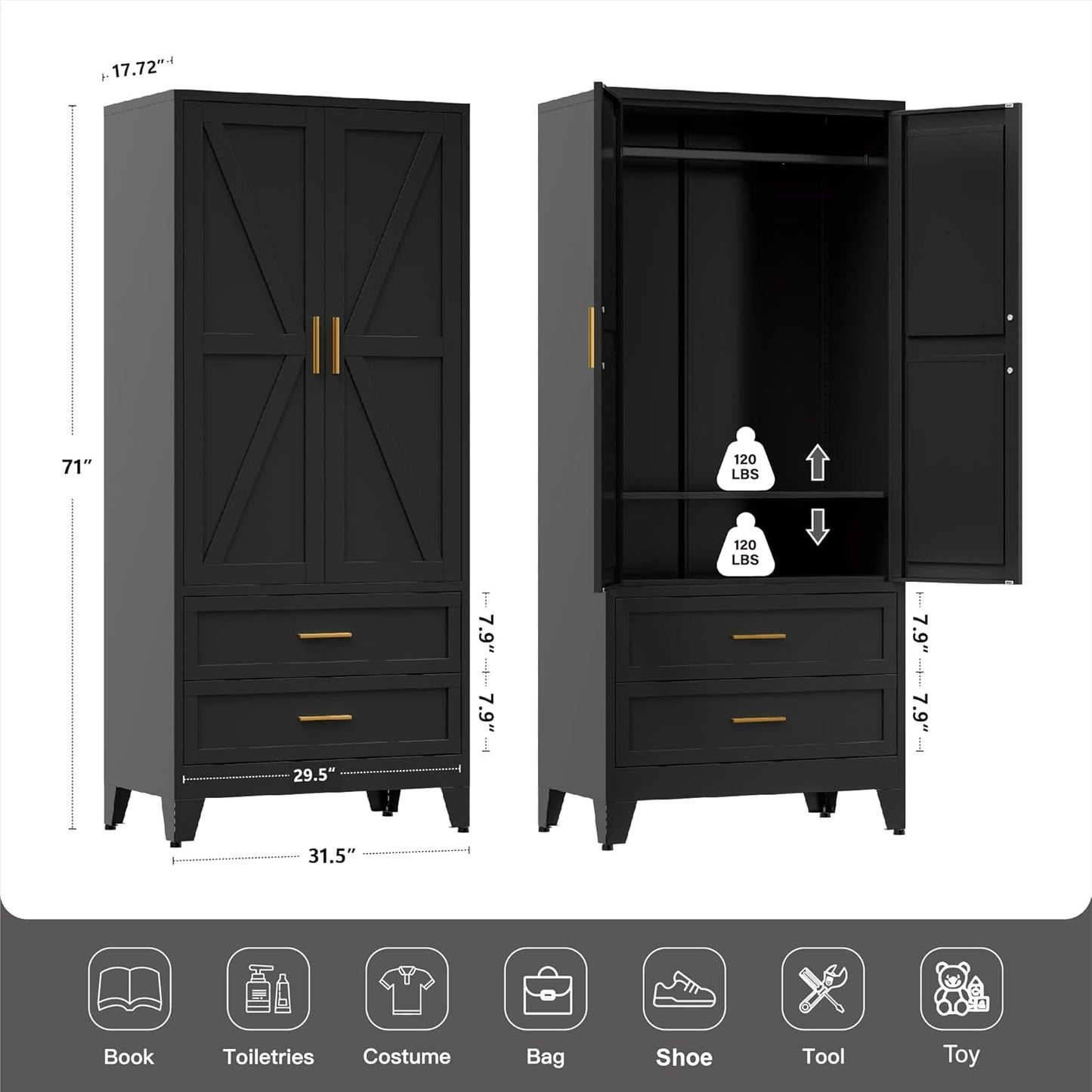 71" Tall Metal Wardrobe Cabinet with 2 Drawers and Hanging Rod, 2 Doors Armoire Wardrobe Closet with Shelf for Bedroom, Office, Laundry Room, Black