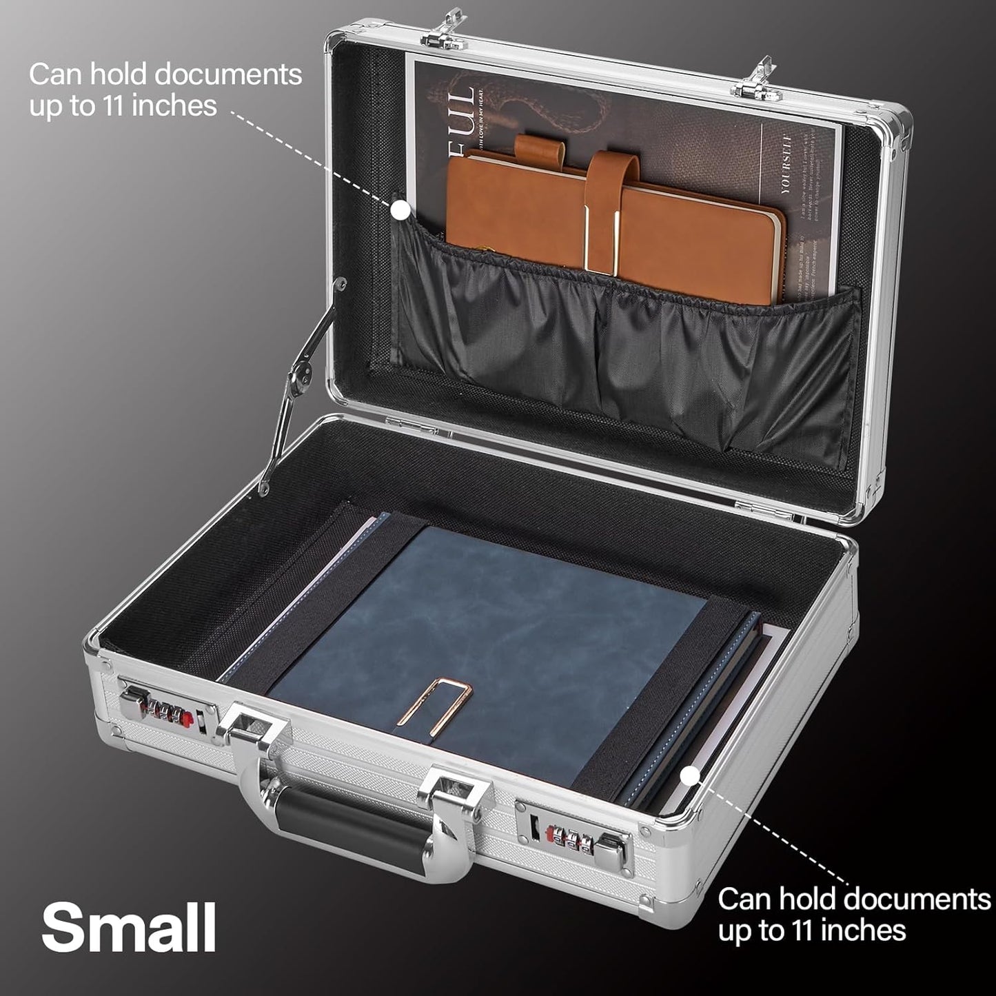 File Organizer Storage Box - 14.2 x 9.8 x 4.5 Inch Medium, Portable Locking Storage Totes with Dual Combination Locks, Lock Boxes for Personal Items, Cash, Briefcase - Silver