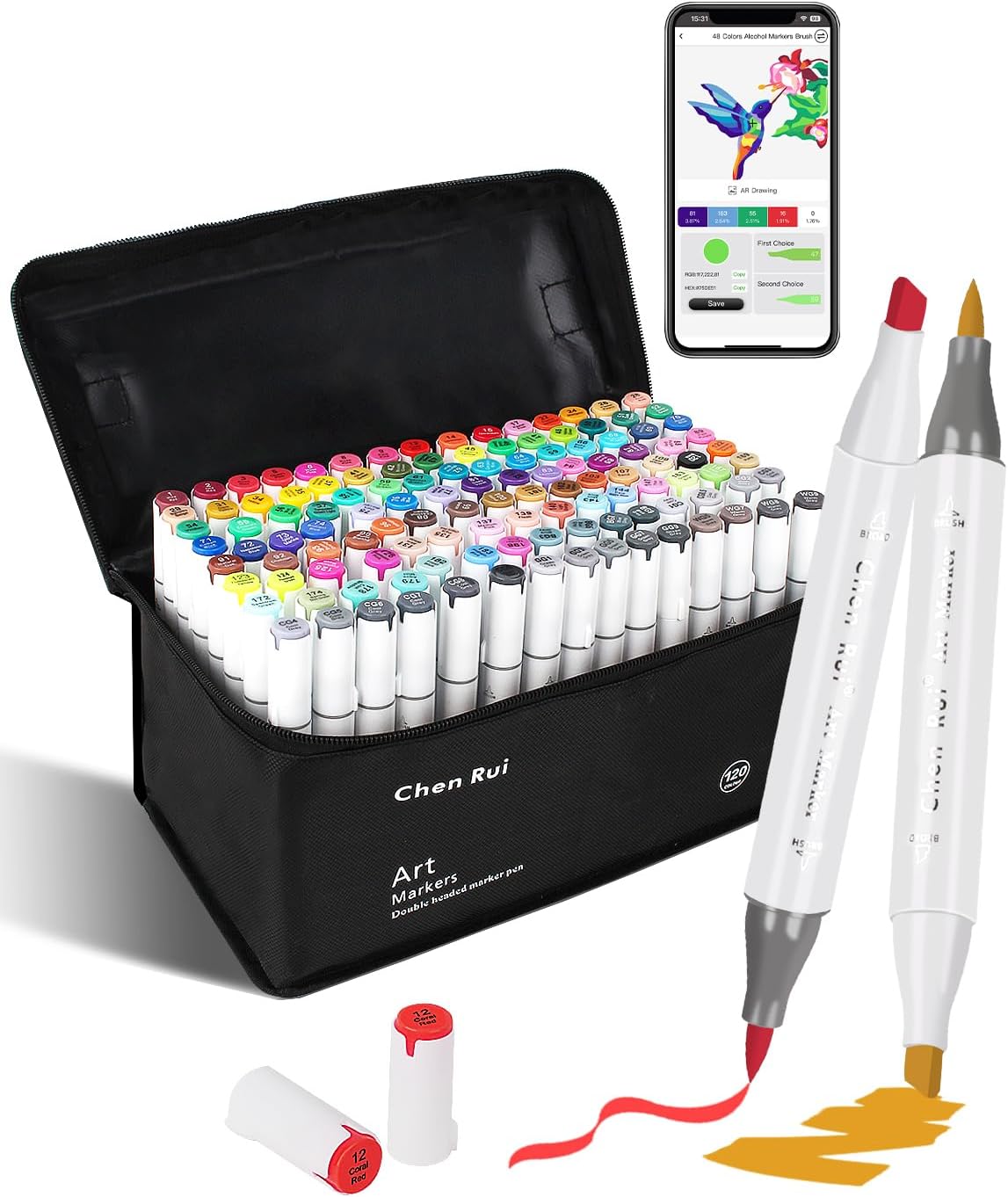 YHC 120 Colors Alcohol Brush Marker with Free App,Dual Tips Art Markers for Adults and Kids, Alcohol Based Brush & Chisel Tips Markers for Drawing, Coloring, Painting, Sketching