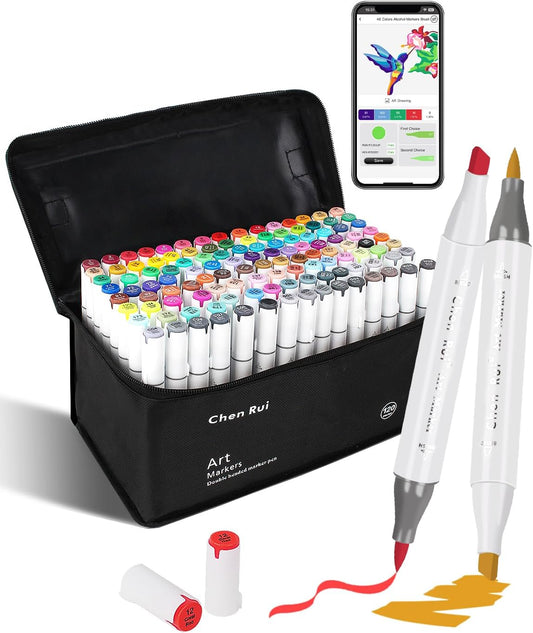 YHC 120 Colors Alcohol Brush Marker with Free App,Dual Tips Art Markers for Adults and Kids, Alcohol Based Brush & Chisel Tips Markers for Drawing, Coloring, Painting, Sketching