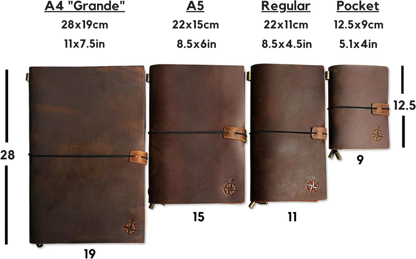 WANDERINGS Pocket Notebook - 4" x 5.1" / 10cm x 13cm - Small, Passport Size Refillable Travelers Notebook - A Beautifully Handcrafted, Rugged and Leather Pocket Journal. Includes 80 GSM Blank Inserts