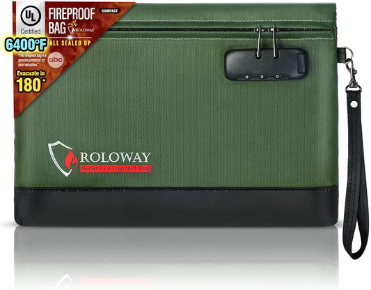 ROLOWAY Fireproof Money Bag with Lock for Cash, 6400°F Fire Proof Document Bag (12.2 x 8.5 x 1.6 inches), Money Pouch with Zipper (Green)