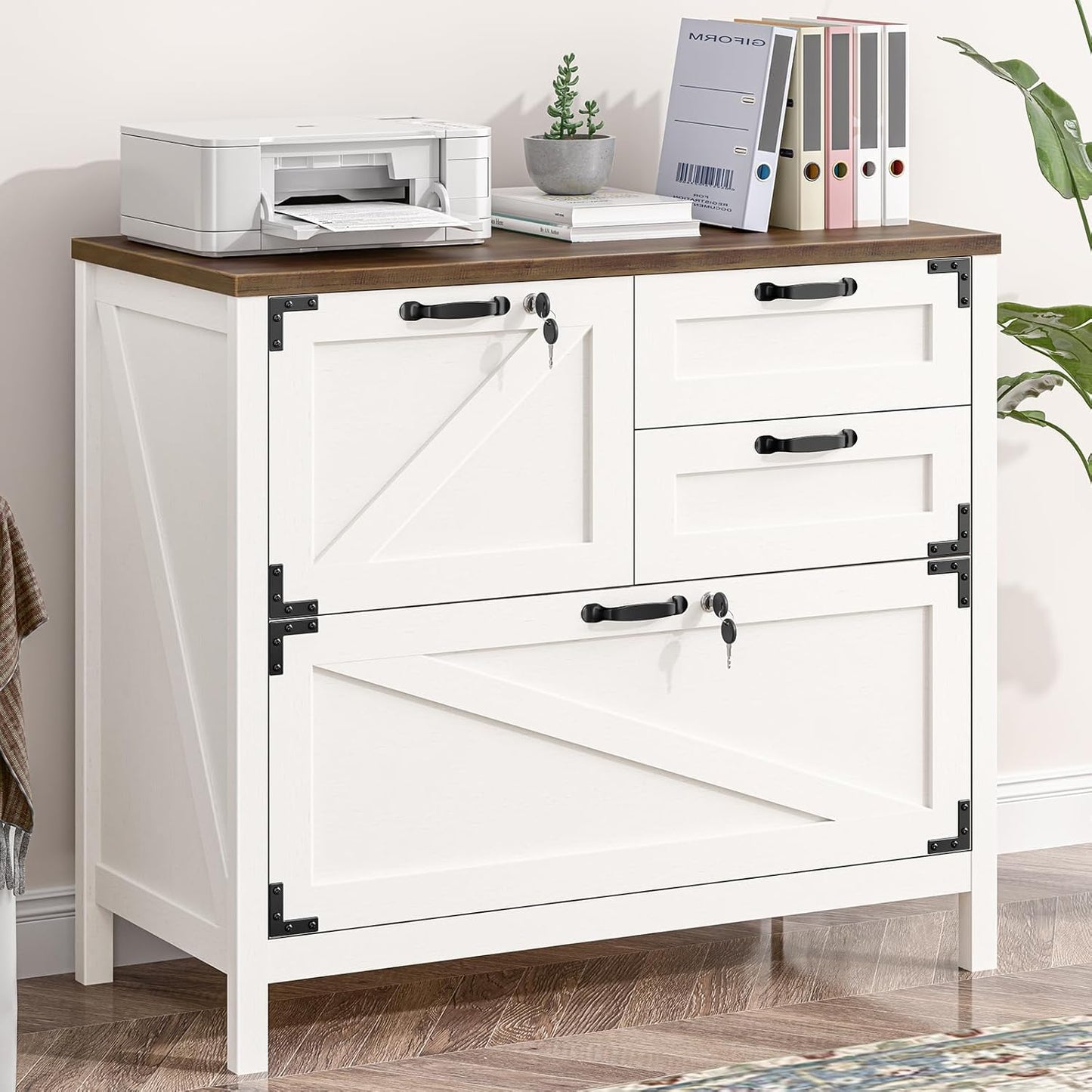 Wood Lateral File Cabinet with 4-Drawer for Hanging Files Letter/A4/Legal Size, Large Farmhouse Filing Cabinets with Lock for Home Office, Printer Stand with Office Cabinet, Office Furniture