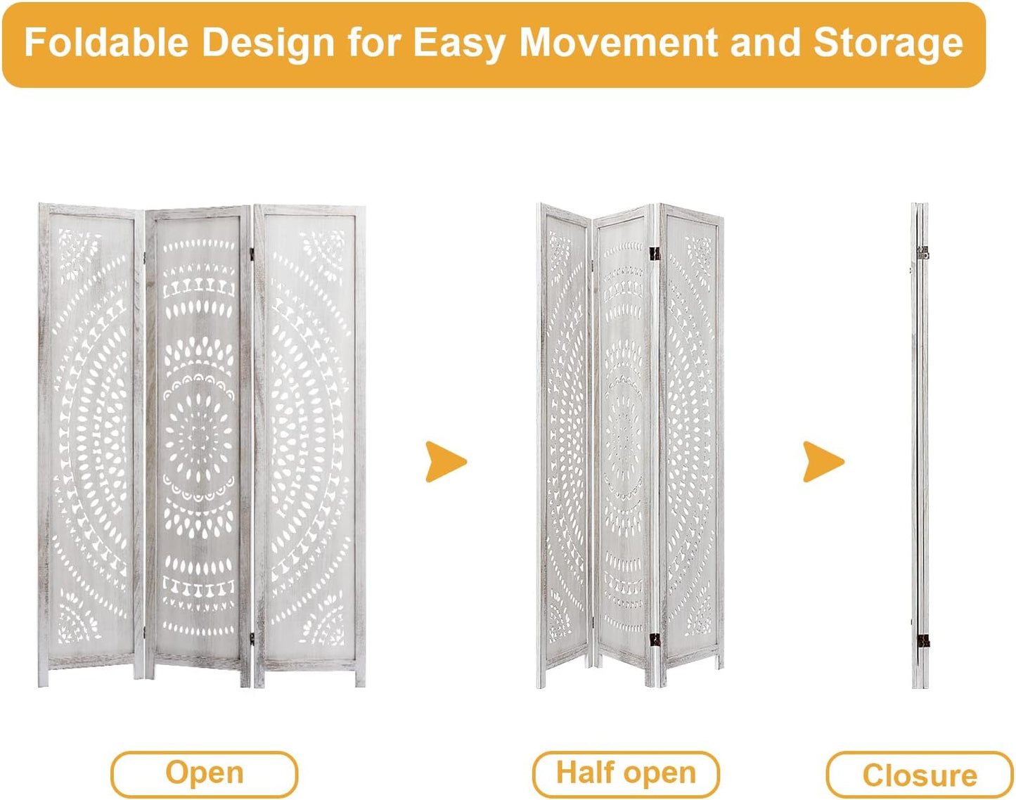 3 Panel Handcrafted Carved Room Divider Screen, 360° Adjustable Wood Folding Privacy Screens for Room Separation, 66.9 Inch Partition Room Dividers for Home Bedroom Office, White