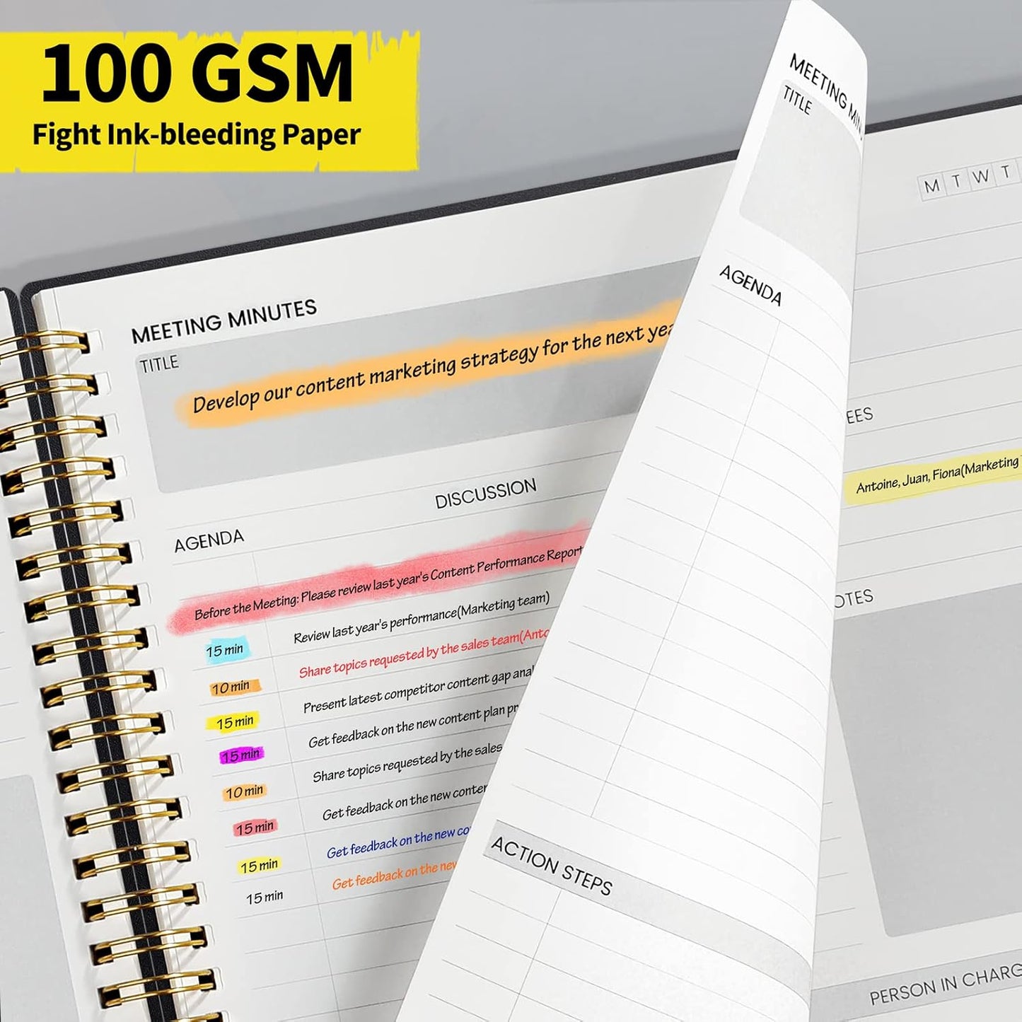 SUNEE Meeting Notebook for Work with Sticky Tabs - 160 Pages, A4 Size Project Planner, Spiral Meeting Agenda/Minutes Notebook Organizer for Women Men, Note Taking, Office & Business, 8.5"x11", Black