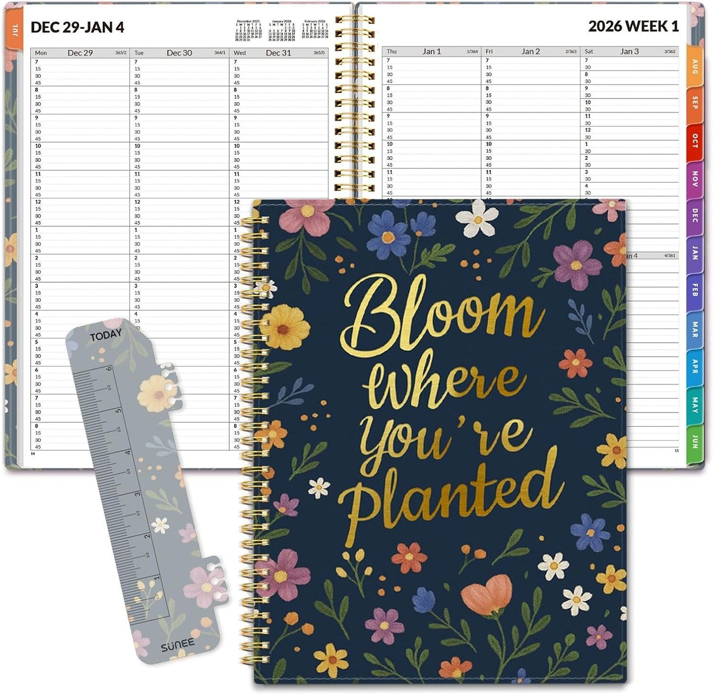 SUNEE 2026 Appointment Book, Quarter-Hourly, Weekly & Monthly - from January 2026 - December 2026, 8.5"x11" Weekly Planner, Flexible Cover, Note Pages, Pockets, Bookmark, Spiral Binding, Navy Flower