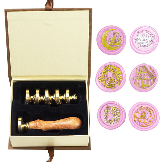 Wax Seal Stamp kit, ANBOSE Animal Wax Seal Stamp Set with 6 PCS Removable Brass Heads and 1 Wooden Handle, Retro Cat Owl Boat Rose Sealing Wax Stamp for Cards Invitations