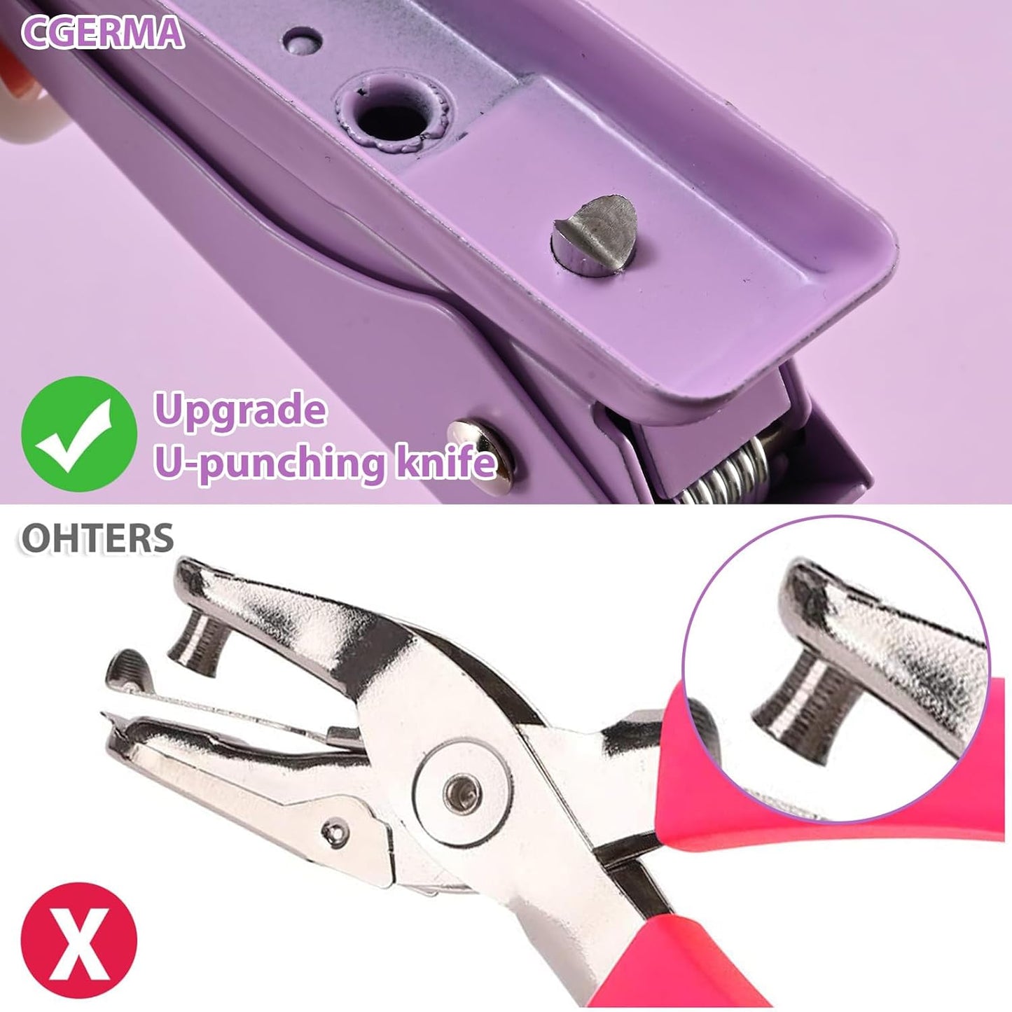 Single Hole Puncher, 1/4" Hole, 50% Labor Savings, Heavy Duty Metal Punch, 15 Sheet Capacity, for ID Cards, Chipboard, Art Project, Crafts Easy Punching, Purple