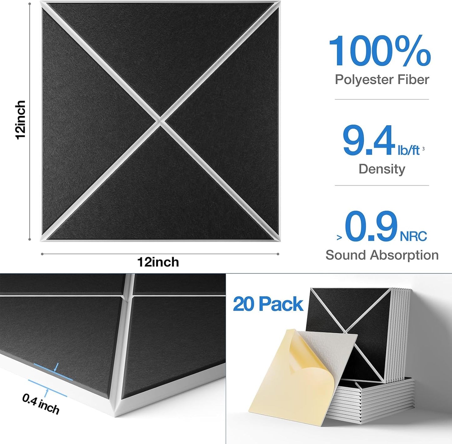 Sonicism 20 Pack X-Lined Acoustic Panels with Self-Adhesive, 12" X 12" X 0.4" Sound Proof Foam Panels, Decorative Soundproof Wall Panels, Sound Proofing Panels for Home & Office (WhiteBase+BlackFace)
