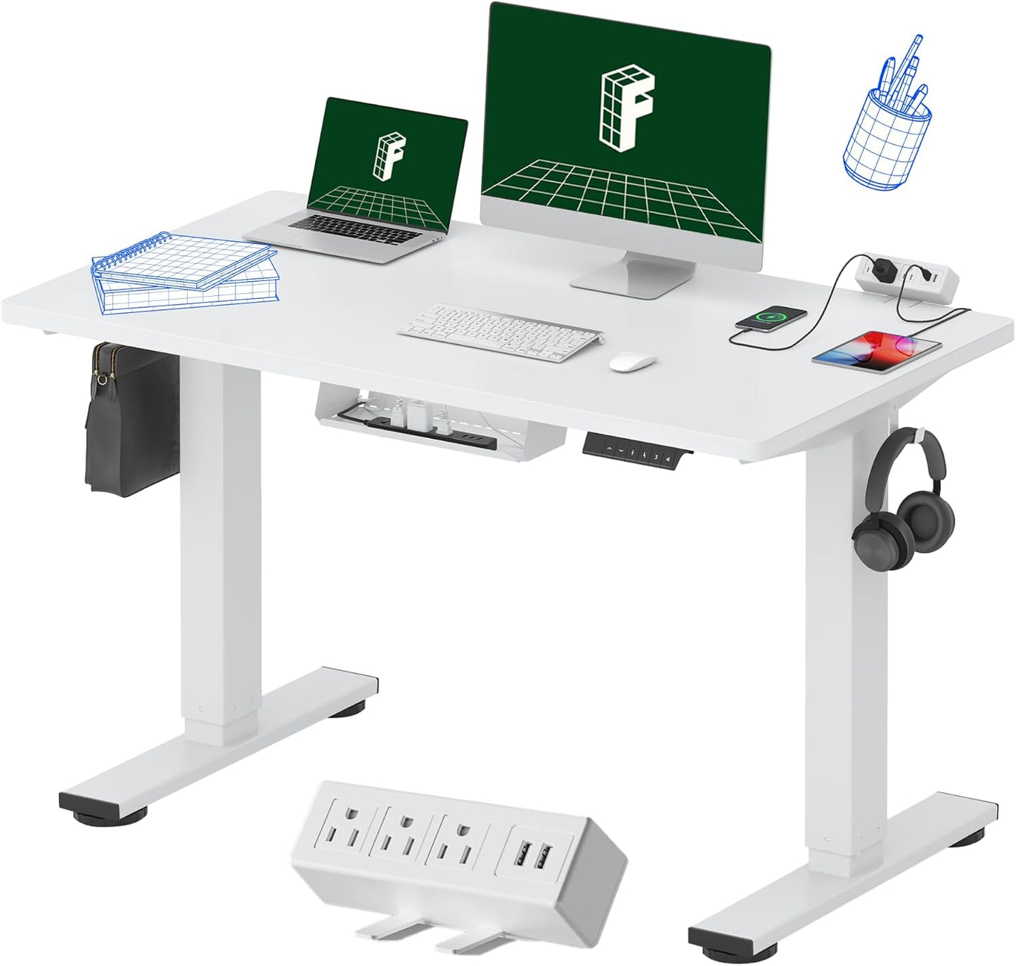 FLEXISPOT EN2 Whole-Piece Standing Desk with Clamp Power Strip, 48x24 Electric Stand Up Height Adjustable Desk with Cable Management (White Frame + 48" White Top)