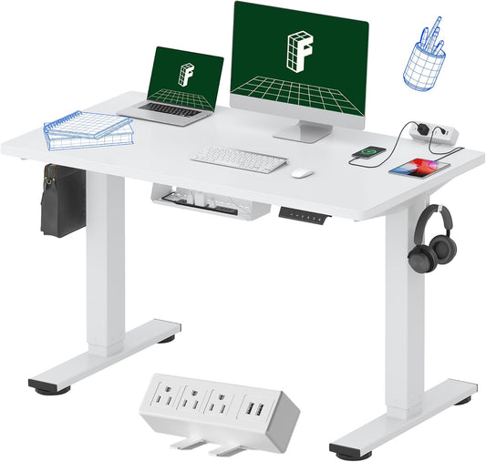 FLEXISPOT EN2 Whole-Piece Standing Desk with Clamp Power Strip, 48x24 Electric Stand Up Height Adjustable Desk with Cable Management (White Frame + 48" White Top)