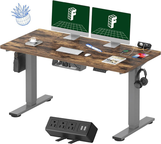 FLEXISPOT EN2 Whole-Piece Standing Desk with Clamp Power Strip, 55 x 28 Electric Stand Up Height Adjustable Desk with Cable Management (Gray Frame + 55" Rustic Brown Desktop, 2 Packages)