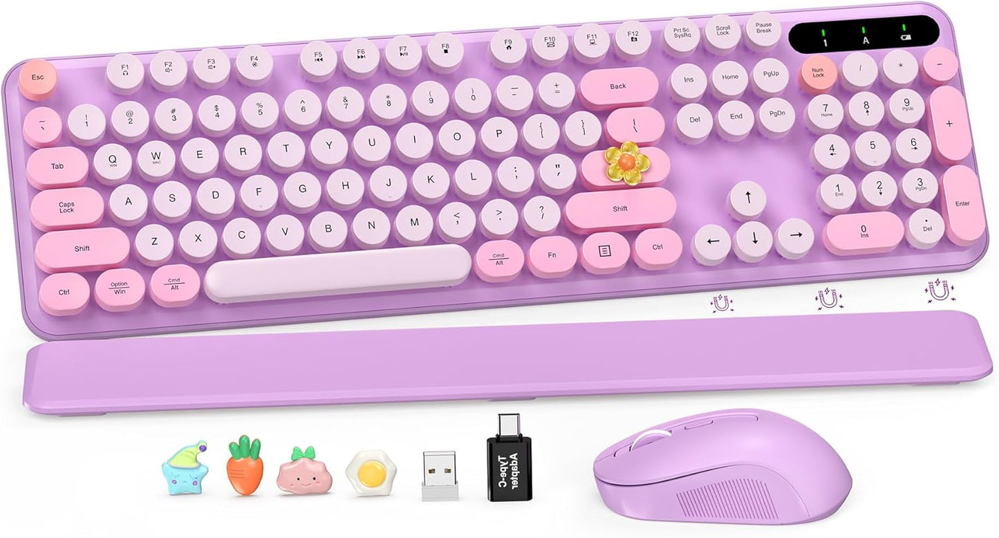 Wireless Keyboard and Mouse Combo-Round Keycaps, Full-Size Retro Typewriter Keyboard with Detachable Wrist Rest, Sleep Mode & Tilt Legs, 2.4GHz Cordless Connection for Mac/Windows/PC (Lavender Purple)