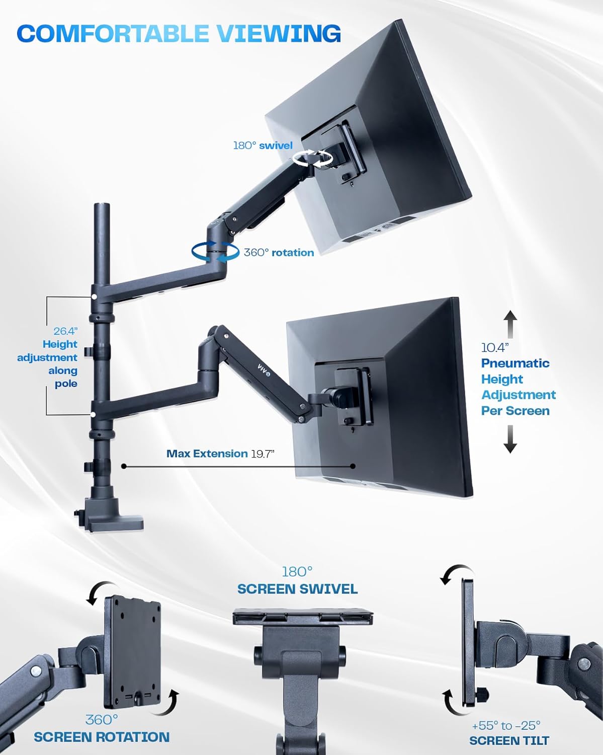 VIVO Pneumatic Arm Dual Ultrawide Monitor Extra Tall Desk Mount for Up to 49 inch Screens, Heavy Duty Clamp, Holds 2 Ultra Wides Up to 44 lbs, Black, STAND-V120K