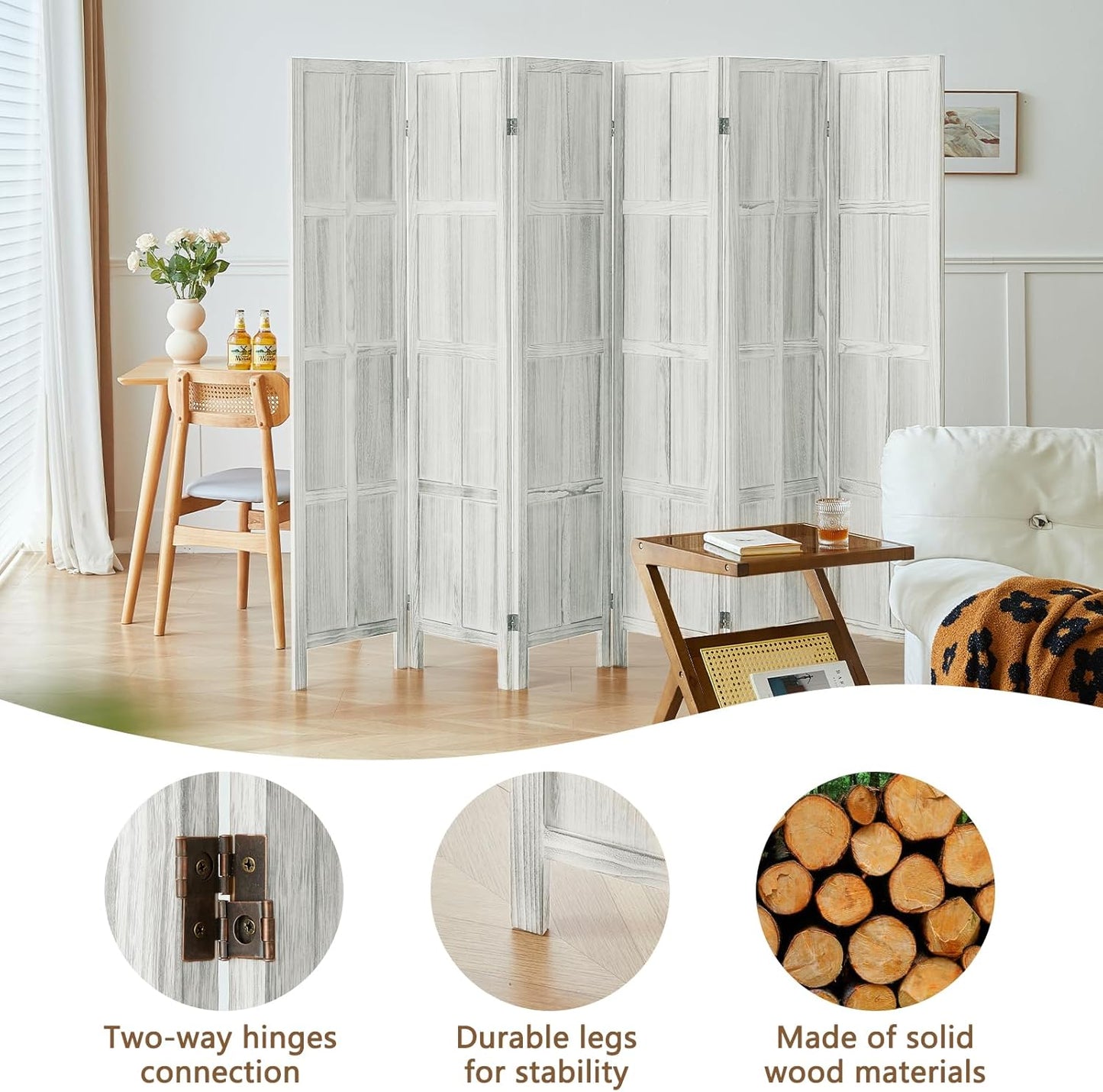 6 Panel Room Divider, 5.6Ft Wood Room Dividers and Folding Privacy Screens, Room Divider Wall Freestanding Room Partitions, Room Dividers Screen for Home Office Restaurant Bedroom, White