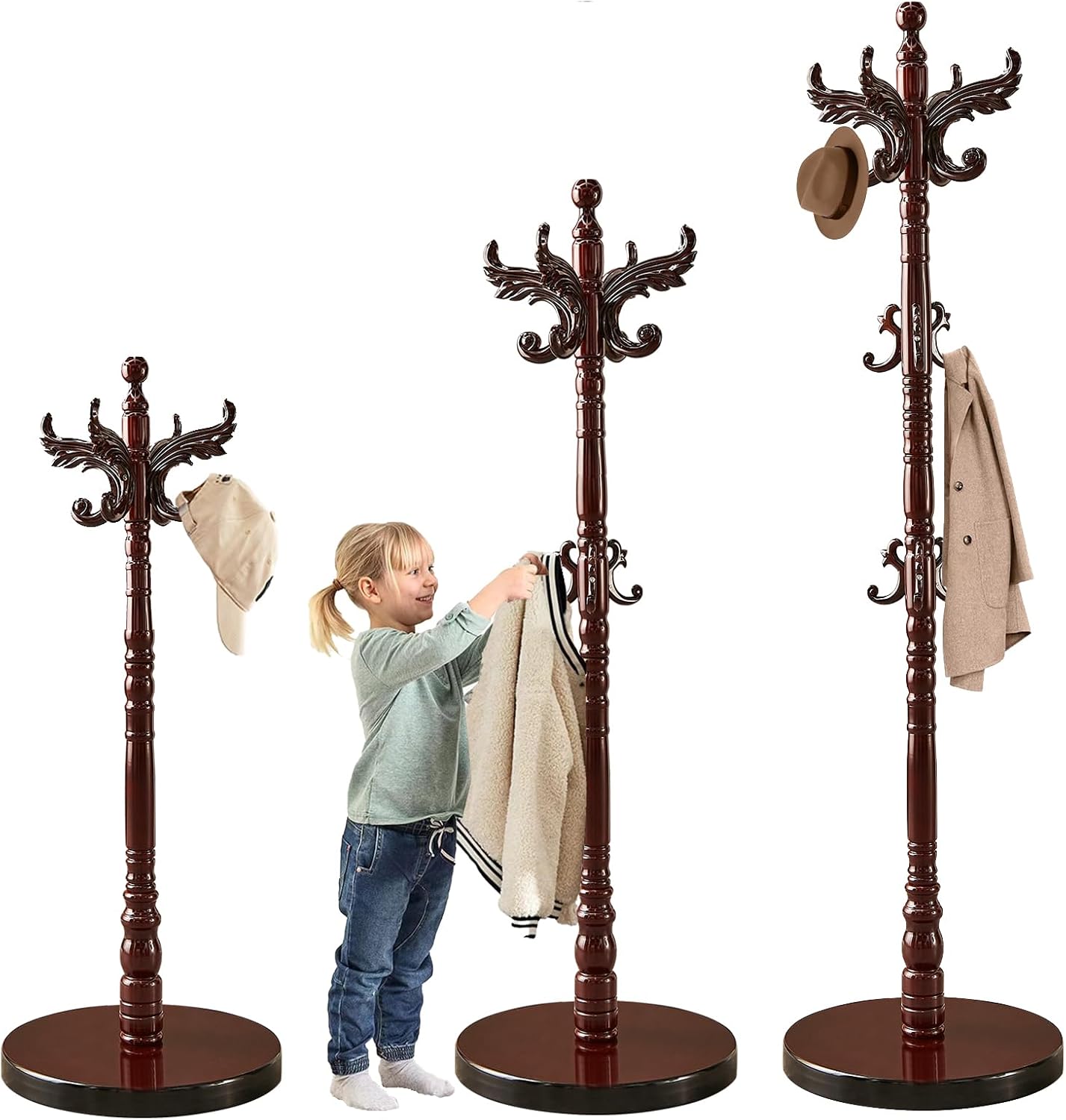 Wooden Coat Rack Stand, Vintage Natural Birch Wood Coat Racks Freestanding, Solid Wood Coat Tree Stand with 14 Hooks, Classic Sturdy Coat Racks Hall Tree for Entryway, Office (Round chassis)