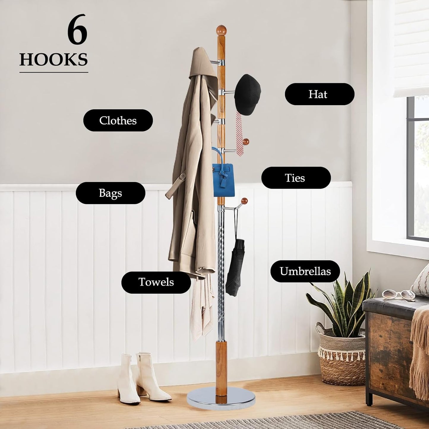 Wood Coat Rack Freestanding, Natural Coats Tree Stand with 14 Hooks, 73" Sturdy and Easy Assembly Coat Rack Stand for Entryway, Hallway, Bedroom, Bags, Hats (Metal Disc Base, Swivel Hook)