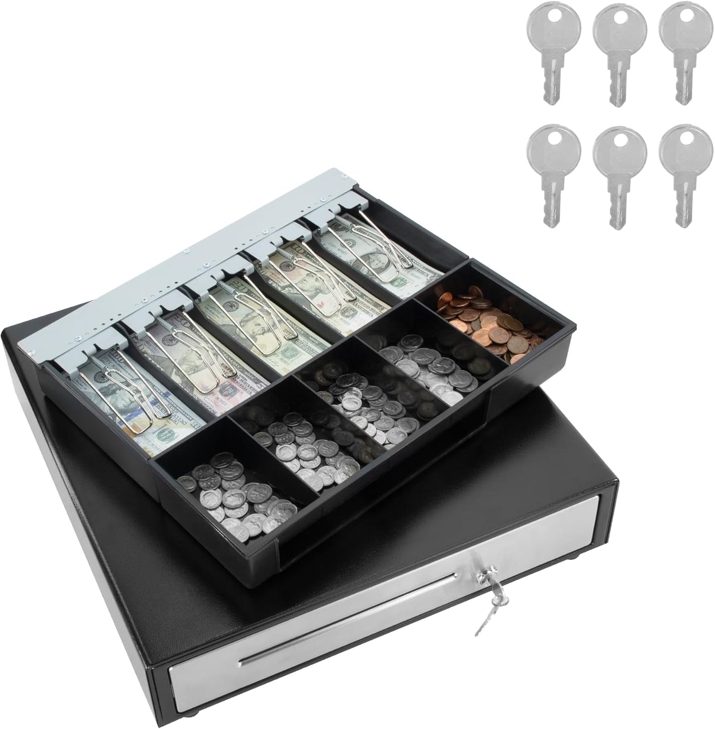 HK SYSTEMS 16inch Cash Drawer for POS, No Logo, Black, DC 24V/Micro Switch, RJ12, 1slot, Removable and Adjustable cash tray 5-bill/5-coin Metal wire gripper, 6Keys #135, Stainless Steel front, HK box