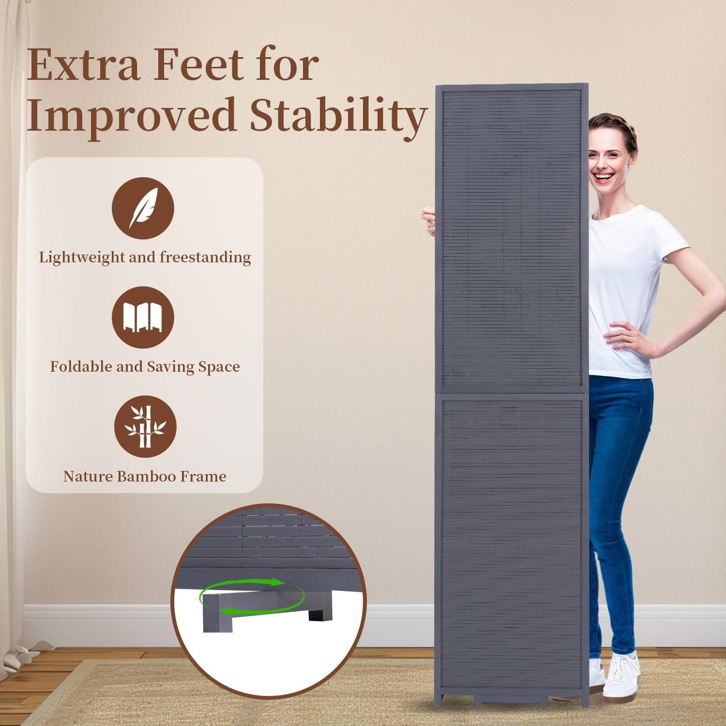 Bamboo Room Divider 6 Panel Wall Divider, 106'' W x 67'' H Folding Design with Extra Stable Base, 100% Bamboo Room Divider Screen for Room Separation, Chinese Room Partitions and Dividers Freestanding