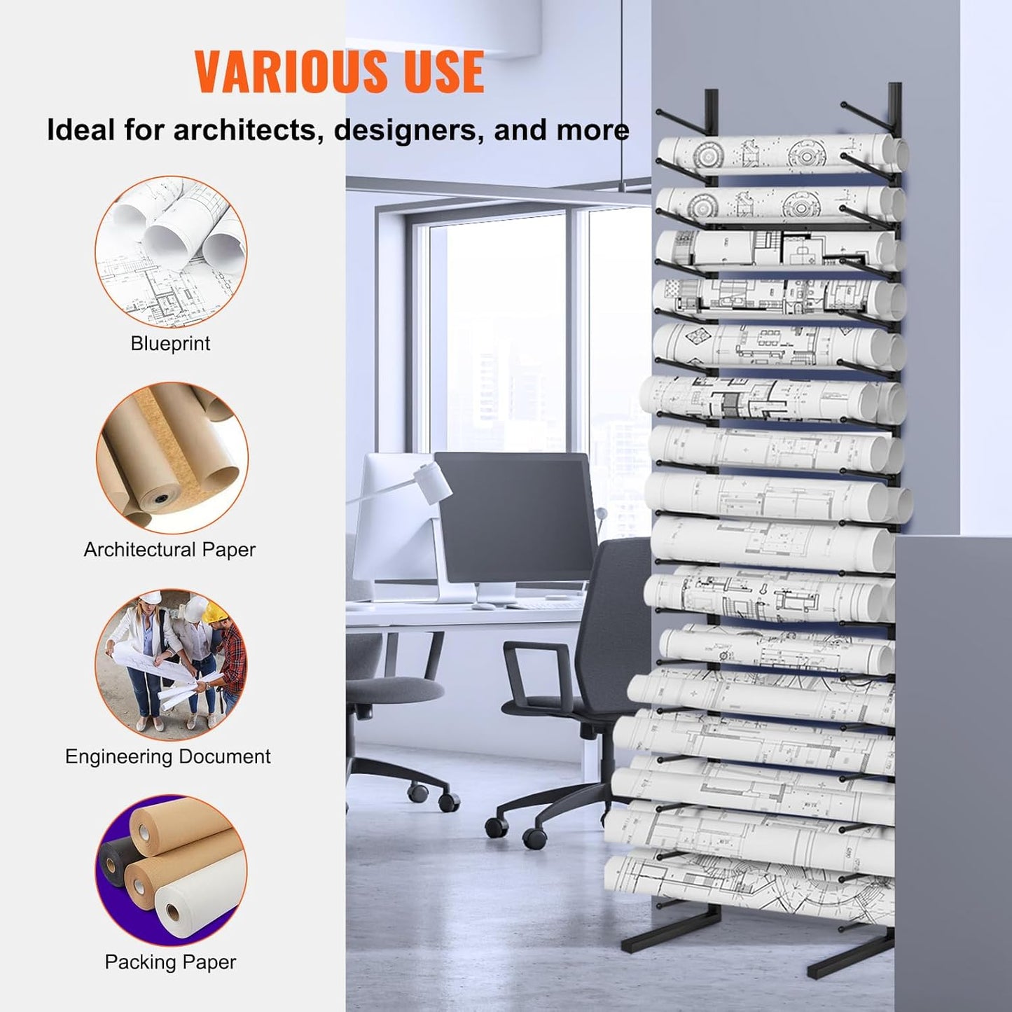 VEVOR Blueprint Storage Rack, Hanging Poster Display Rack 16-Tier, Vertical Blueprint Roll File Holder 2 Rolls/tire, Roll File Storage Rack for Blueprint Map Poster